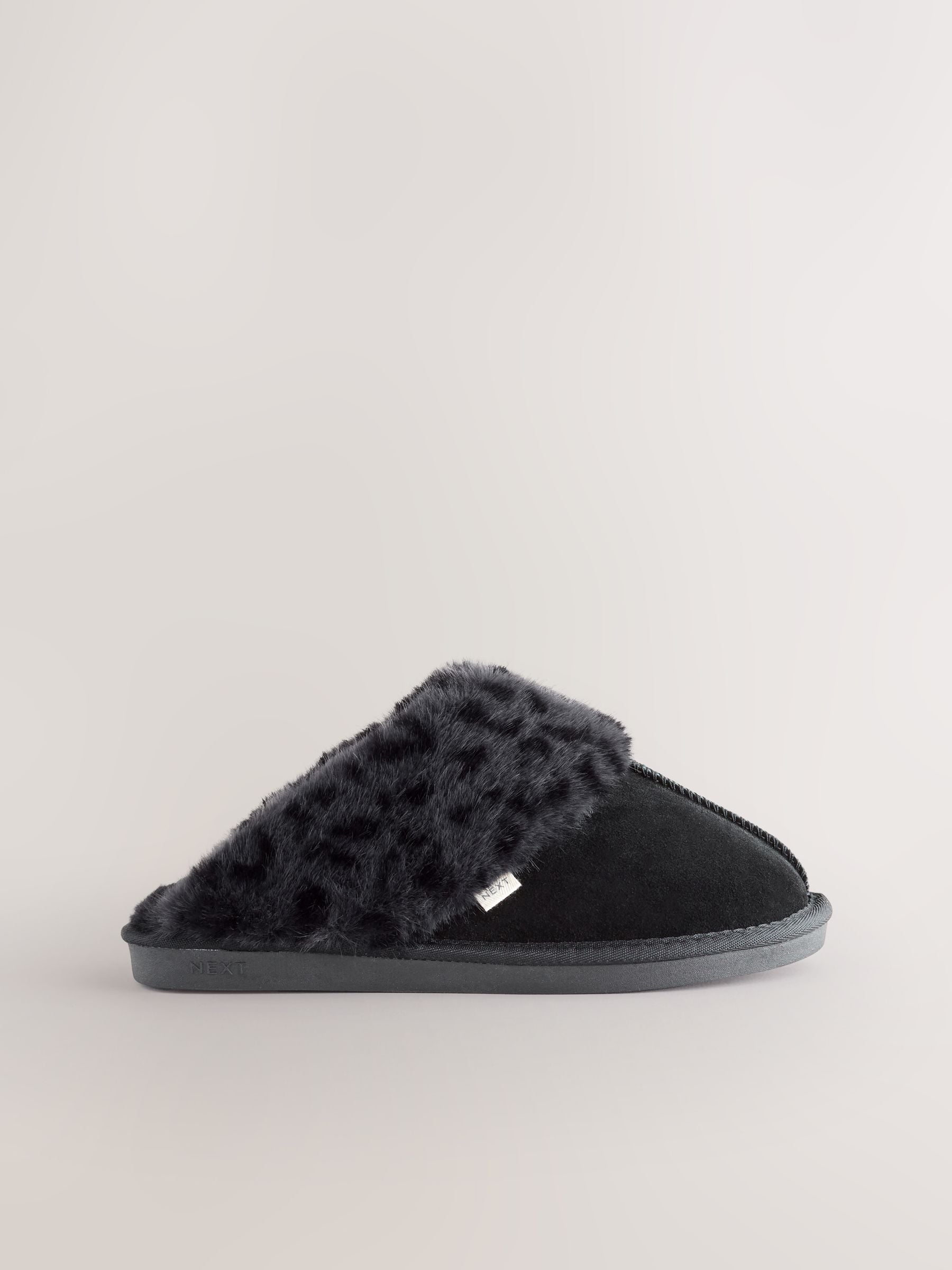 Faux Fur Lined Suede Mule Slippers - Black Animal - Regular - SIP Still Life