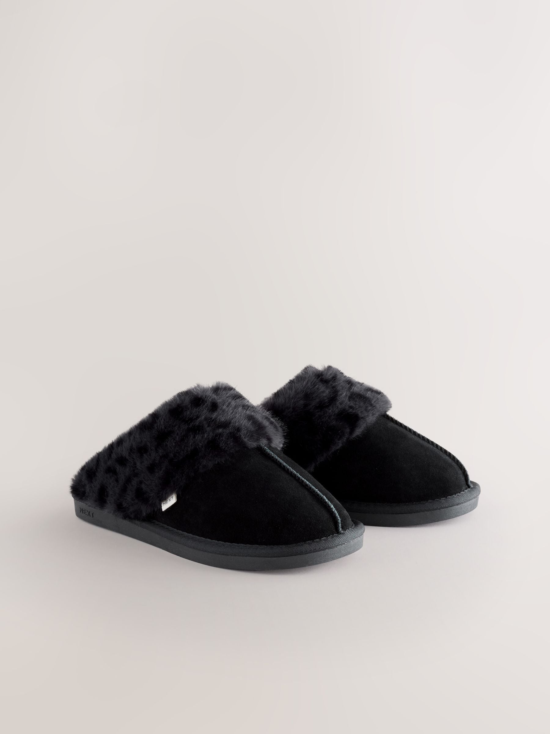 Faux Fur Lined Suede Mule Slippers - Black Animal - Regular - SIP Still Life