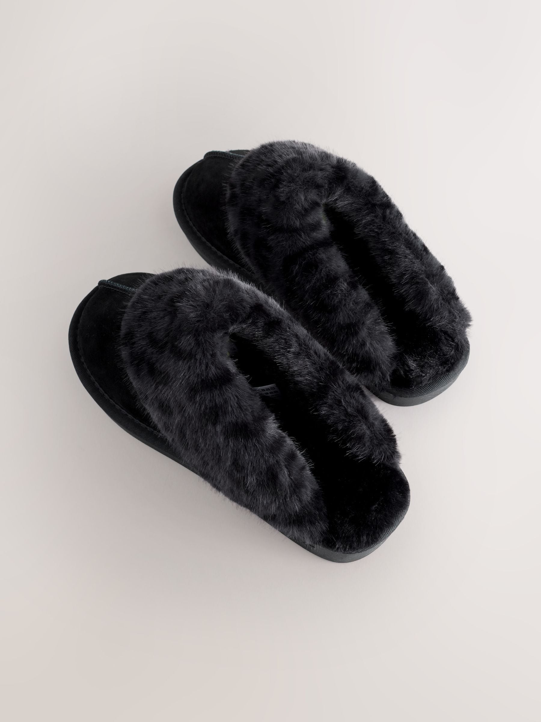 Faux Fur Lined Suede Mule Slippers - Black Animal - Regular - SIP Still Life