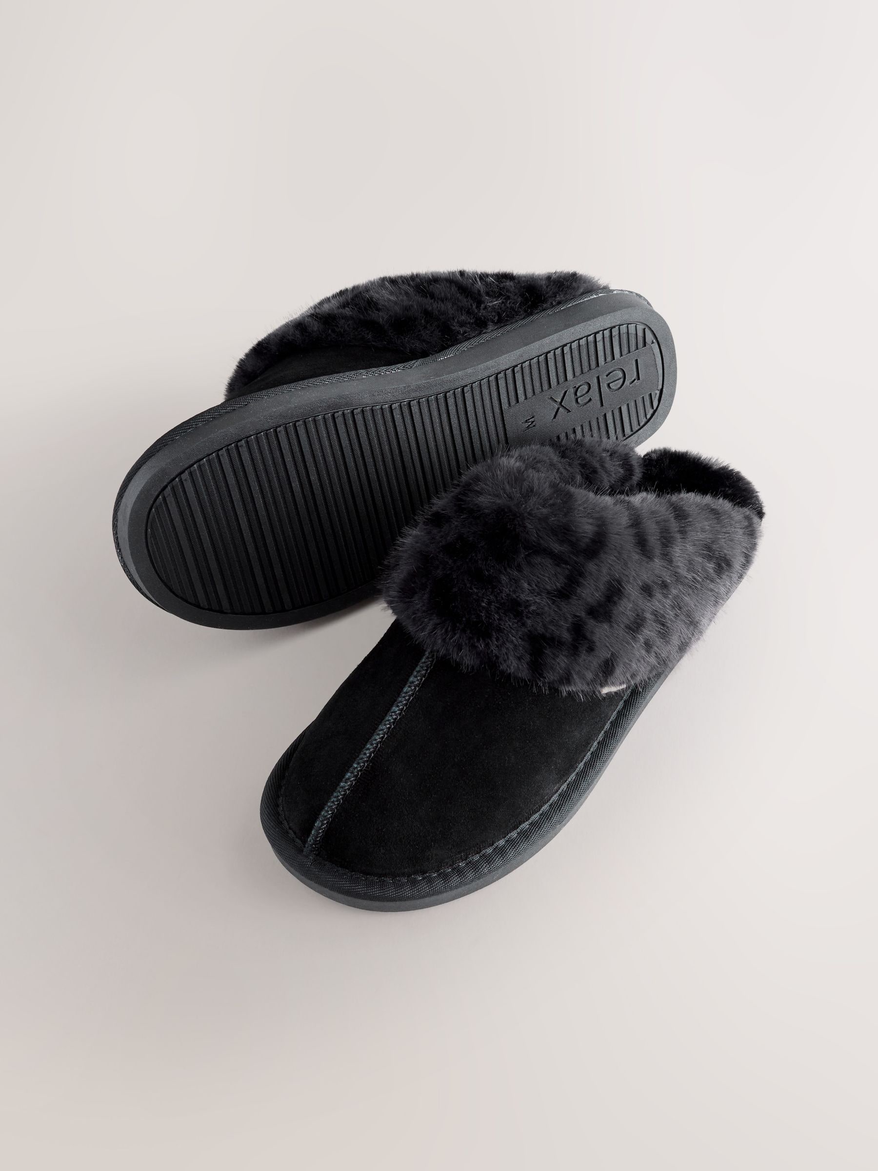 Faux Fur Lined Suede Mule Slippers - Black Animal - Regular - SIP Still Life