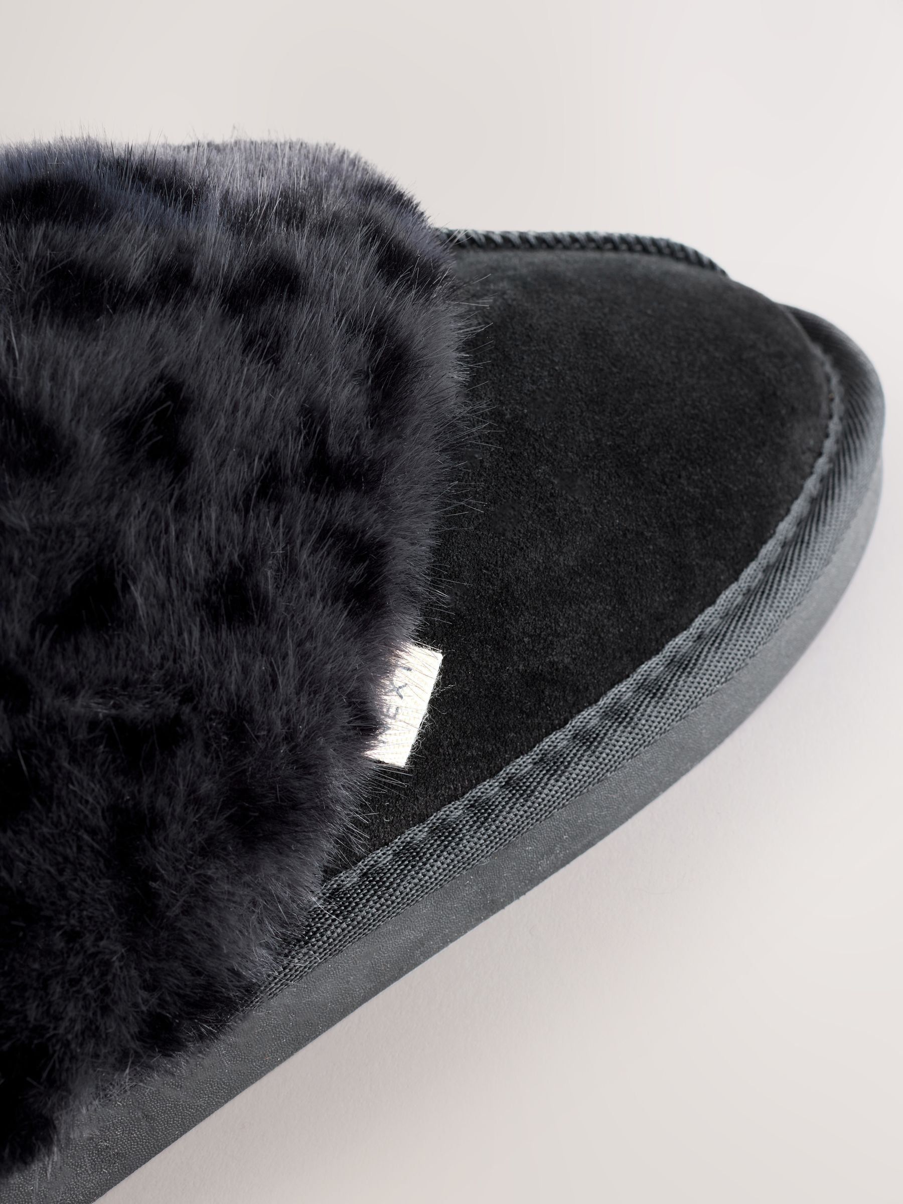 Faux Fur Lined Suede Mule Slippers - Black Animal - Regular - SIP Still Life