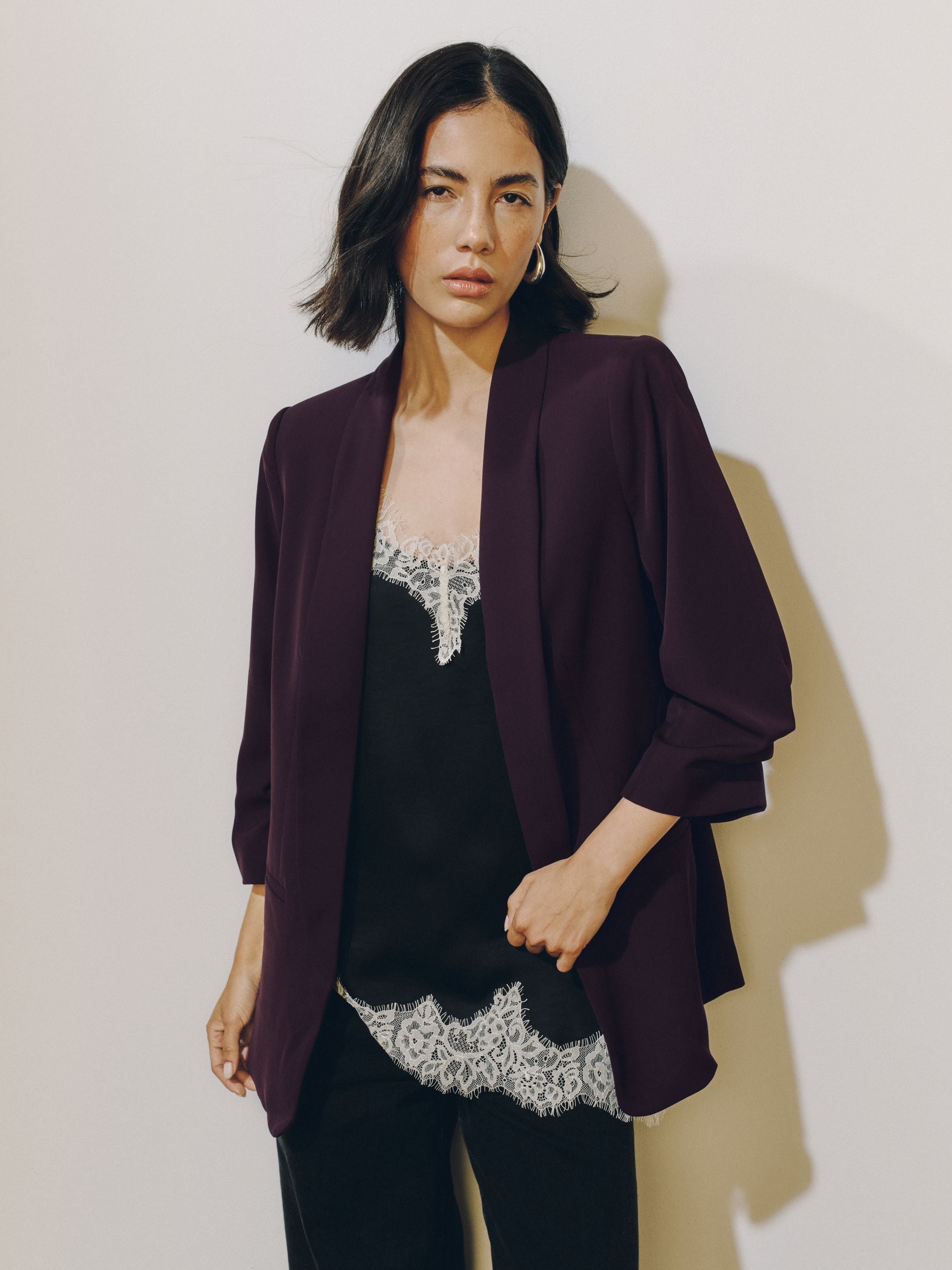 Relaxed Ruched Sleeve Blazer - Berry - Regular - SIP Worn