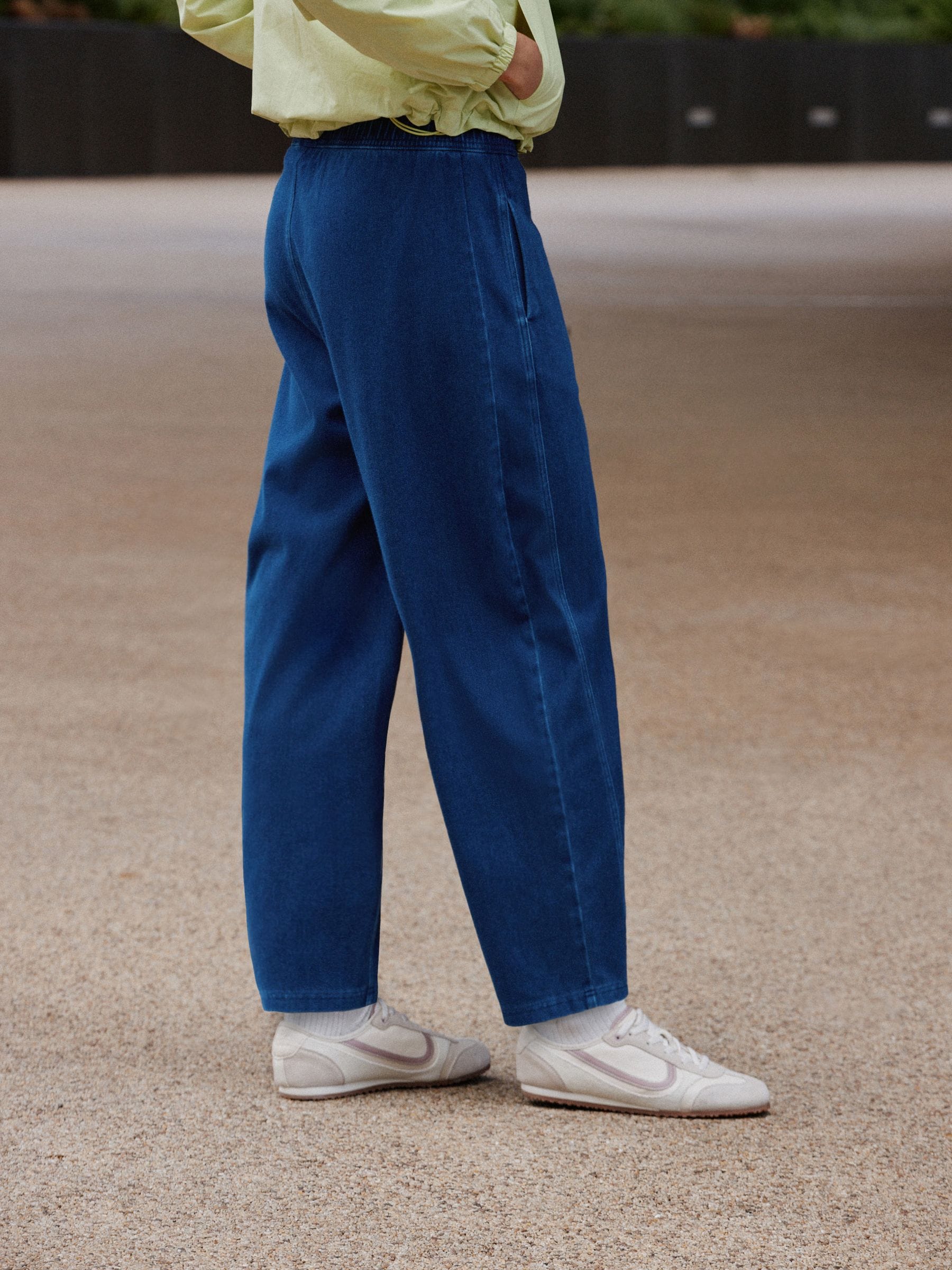 Barrel Leg Denim Jersey Trousers - Dark Blue - Regular - Location Worn