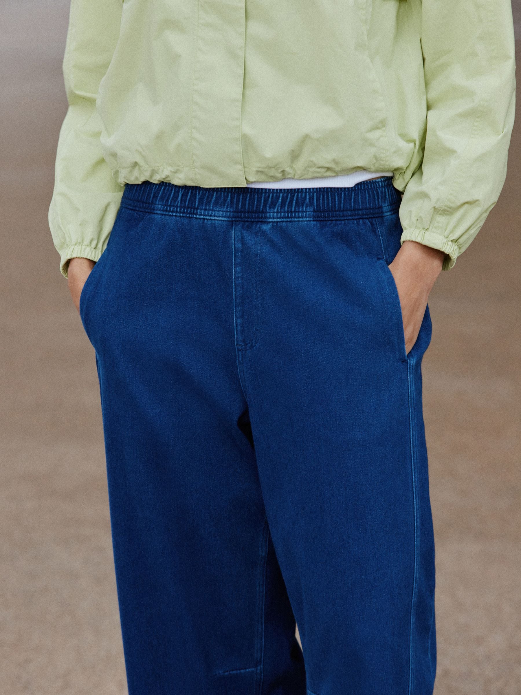 Barrel Leg Denim Jersey Trousers - Dark Blue - Regular - Location Worn