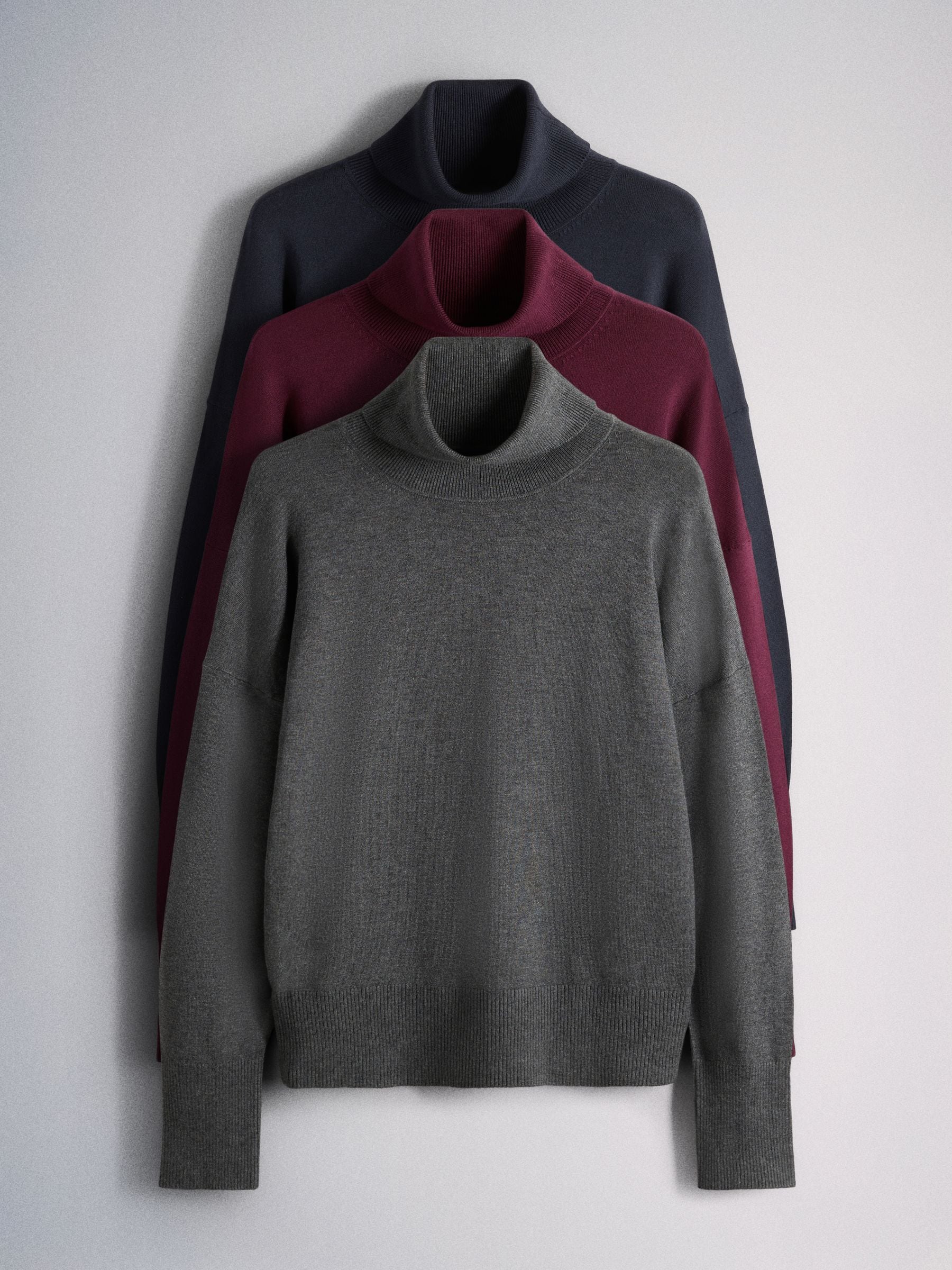 The Set 3 Pack Fine Knit Roll Neck Jumpers - Navy Blue/Charcoal Grey/Burgundy Red - Regular - SIP Still Life