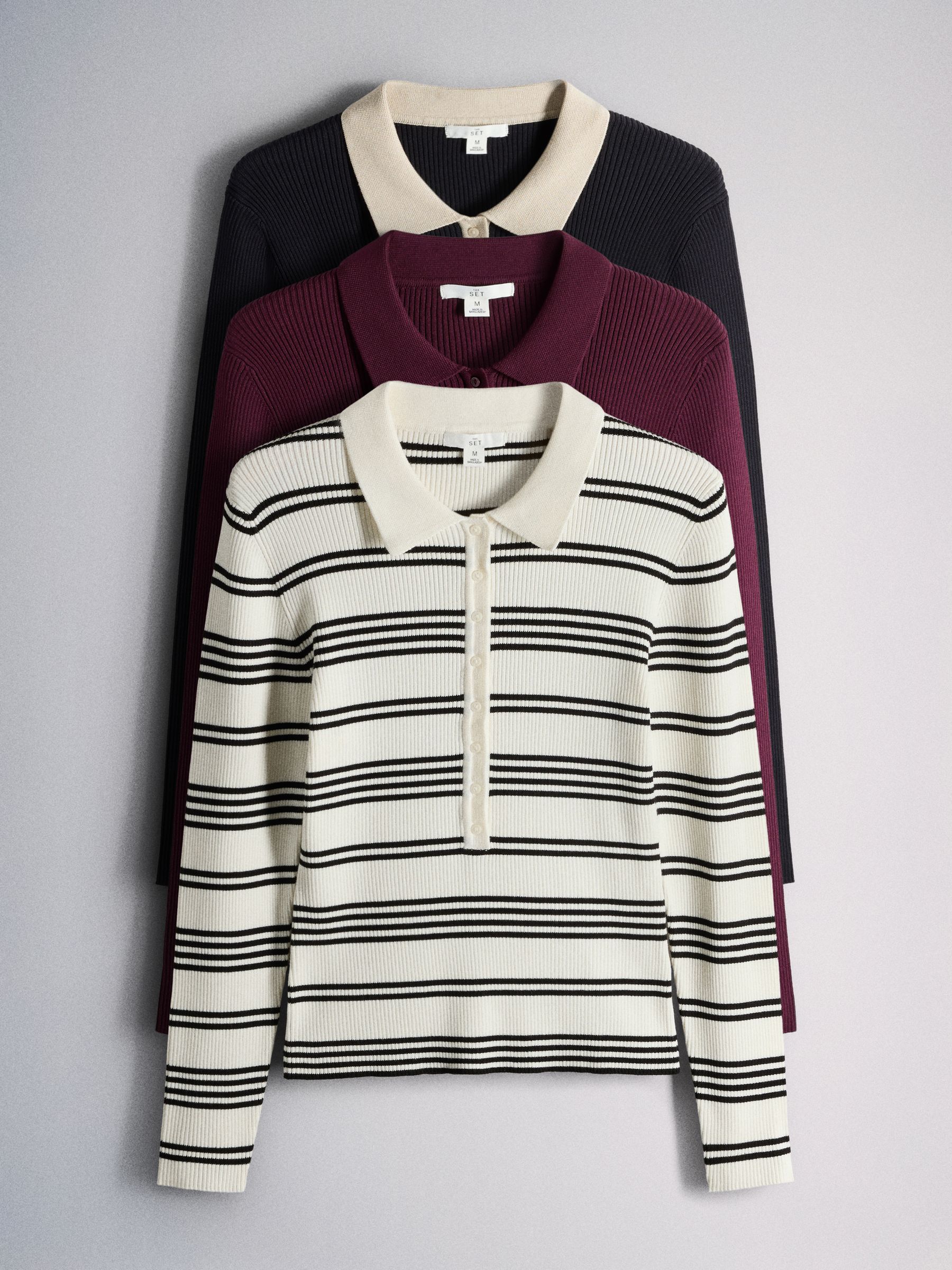 The Set 3 Pack Long Sleeve Button Down Jumper - Cream Stripe/ Dark Navy / Claret Marl - Regular - SIP Still Life