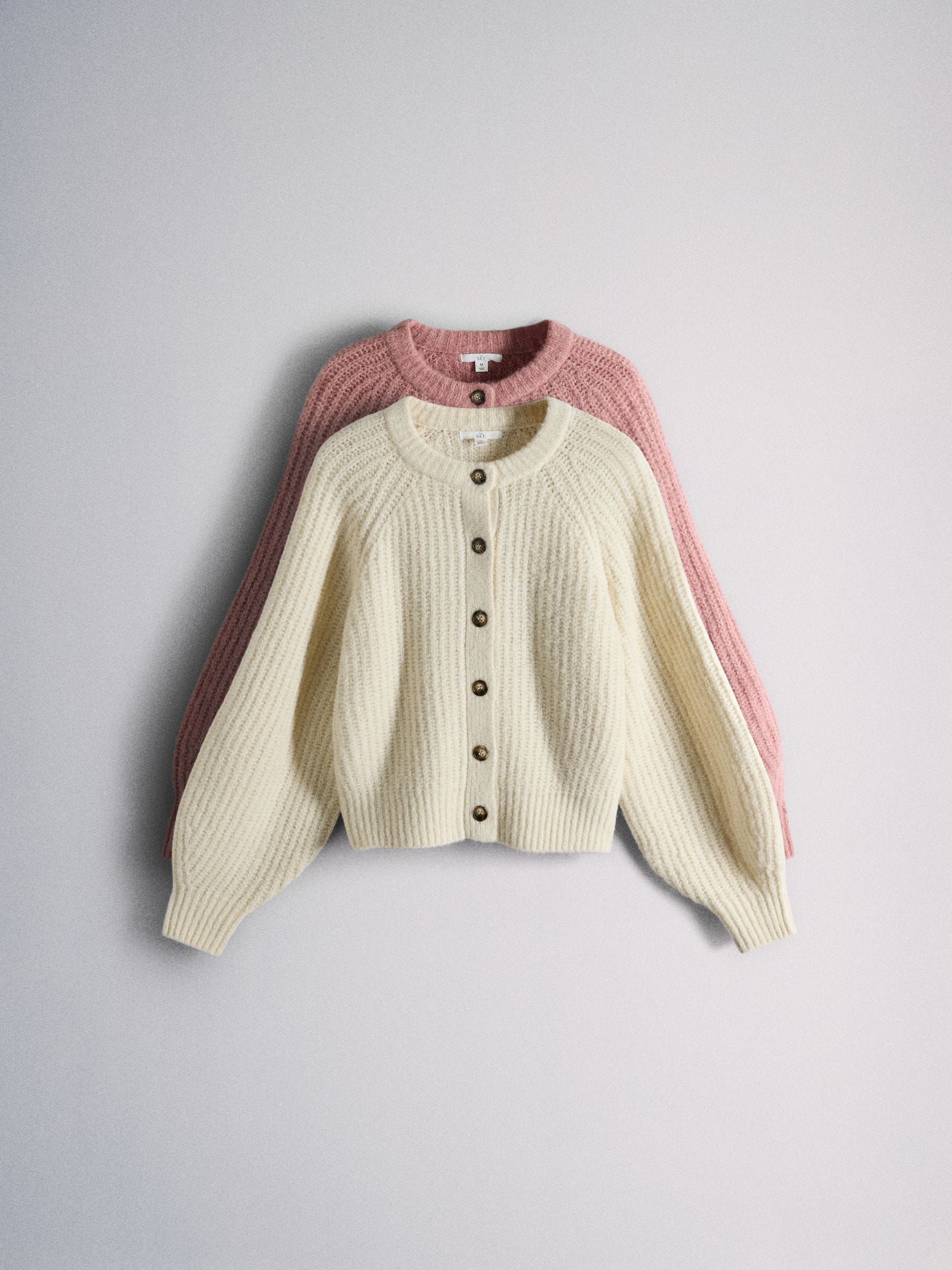 The Set 2 Pack Fluffy Crew Neck Cardigan - Cream / Baby Pink - Regular - SIP Still Life