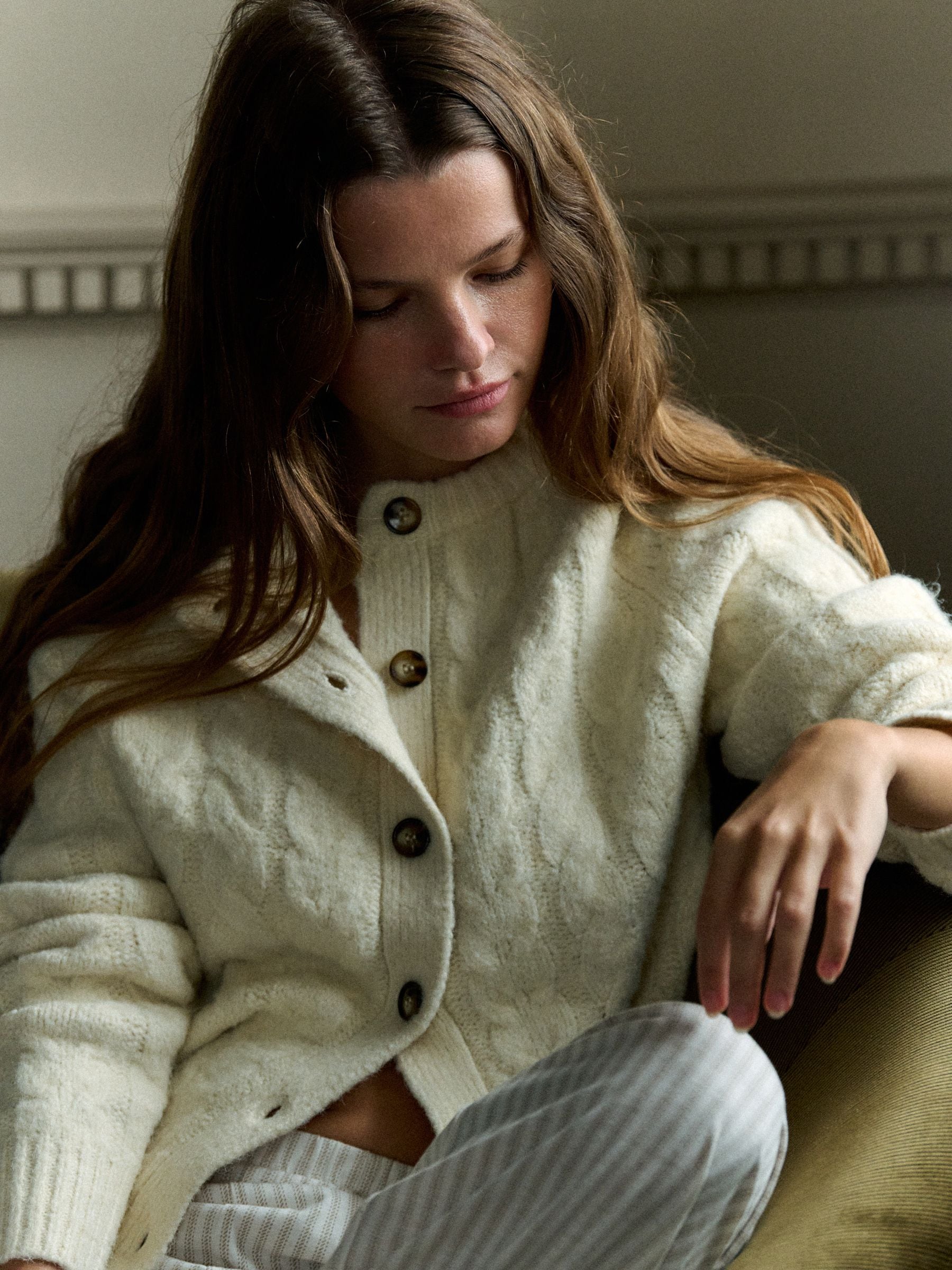 The Set 2 Pack Crew Neck Cable Cardigans - Cream/Taupe Brown - Regular - Location Worn