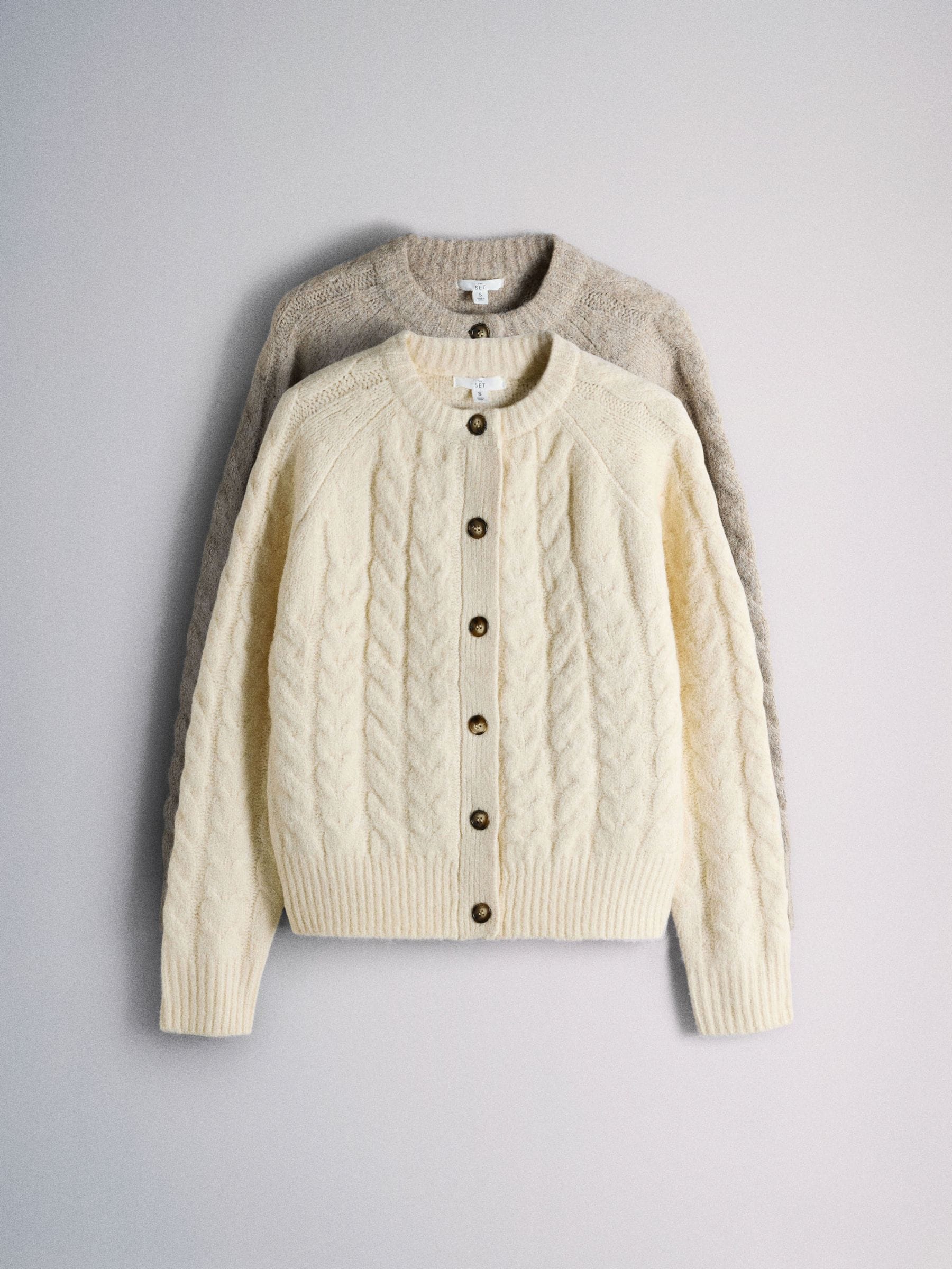 The Set 2 Pack Crew Neck Cable Cardigans - Cream/Taupe Brown - Regular - SIP Still Life