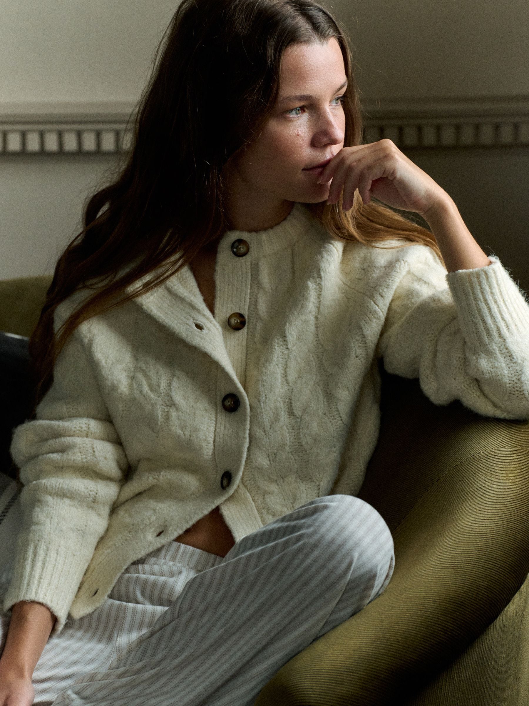 The Set 2 Pack Crew Neck Cable Cardigans - Cream/Taupe Brown - Regular - Location Worn