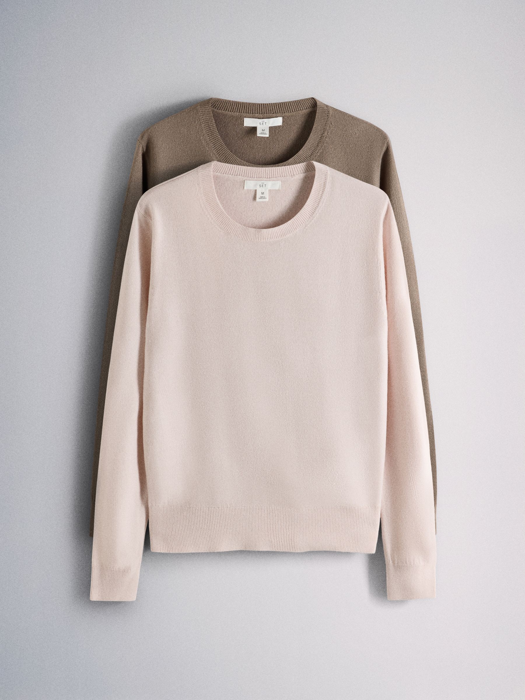 The Set 2 Pack Soft Knit Crew Neck Long Sleeve Jumpers - Mink Brown/Light Pink - Regular - SIP Still Life