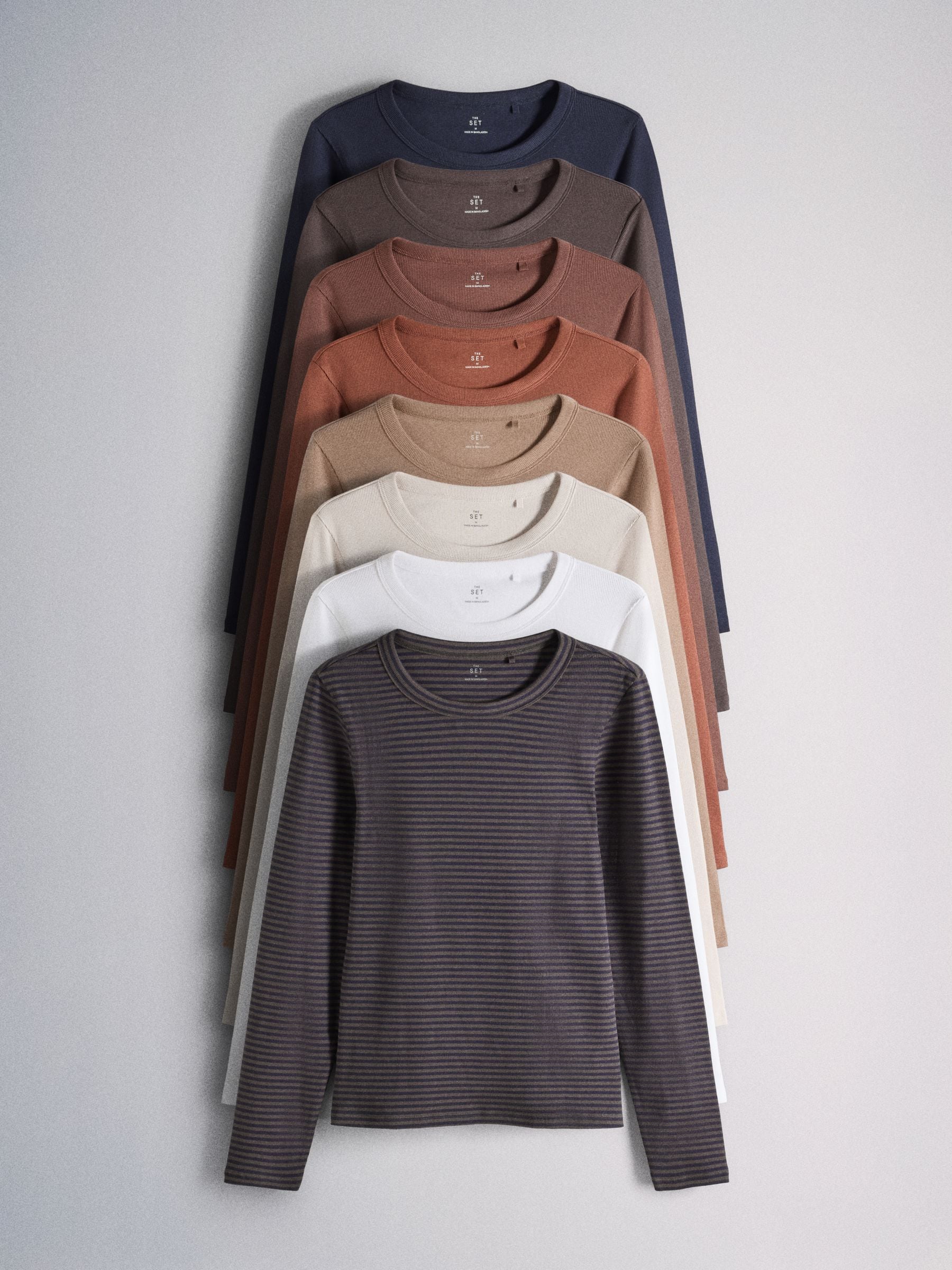 The Set 8 Pack Long Sleeve Slim Fit Ribbed T-Shirts - Brown/Navy/Ochre/Tan/Stripe/Neutral/White - Regular - SIP Still Life