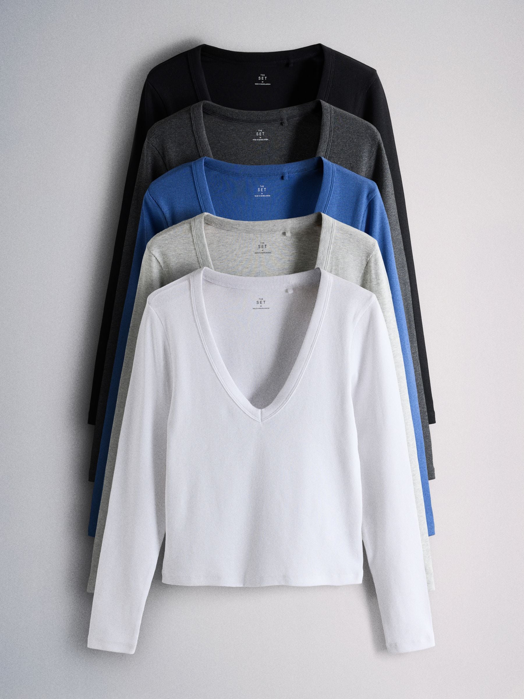 The Set 5 Pack V-Neck Ribbed Long Sleeve T-Shirts - Cobalt Blue/Black/Grey - Regular - SIP Still Life