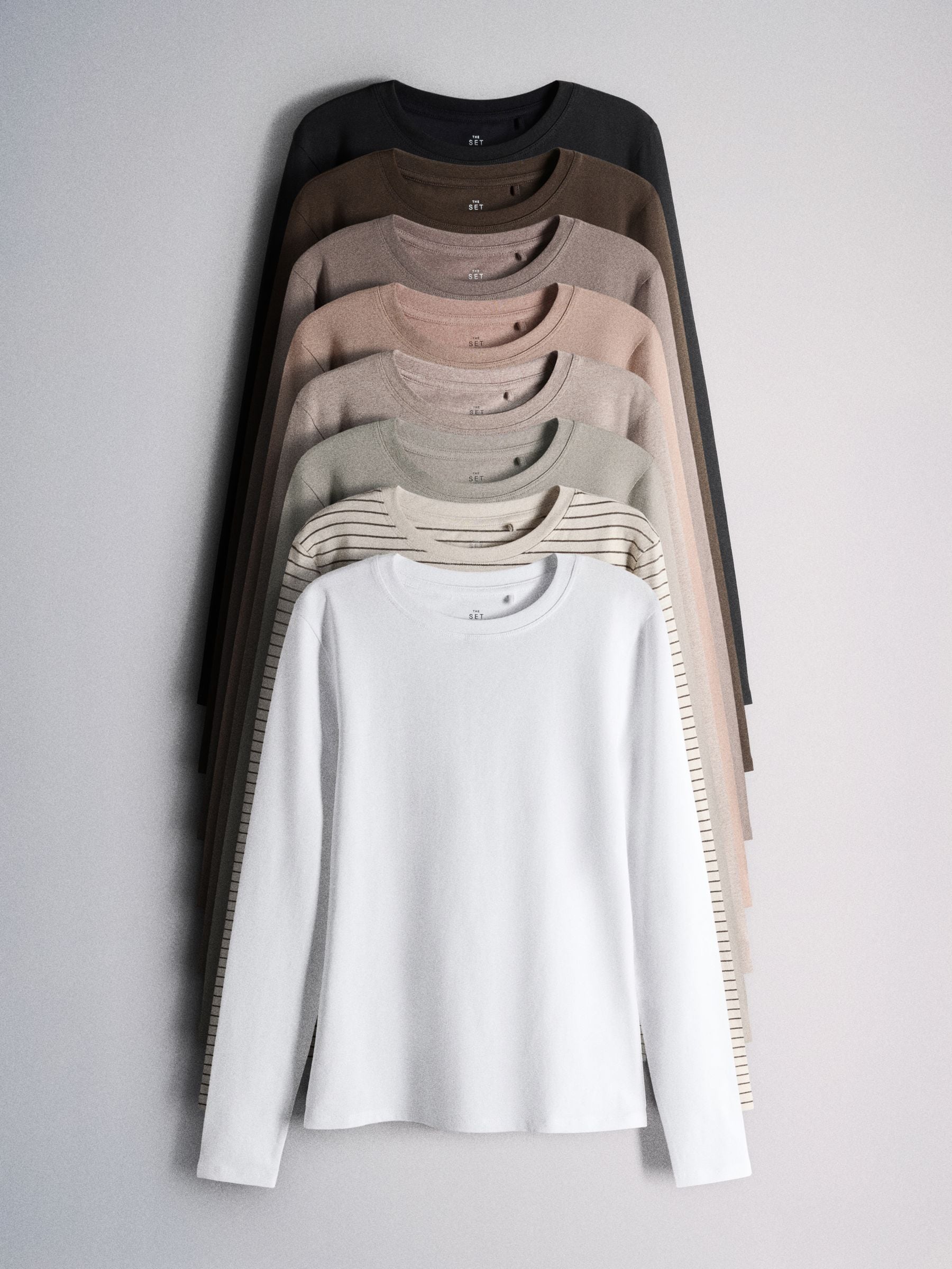 The Set 8 Pack Skinny Fit Crew Neck Long Sleeve T-Shirts - Black/Brown/Neutral/Taupe/White - Regular - SIP Still Life