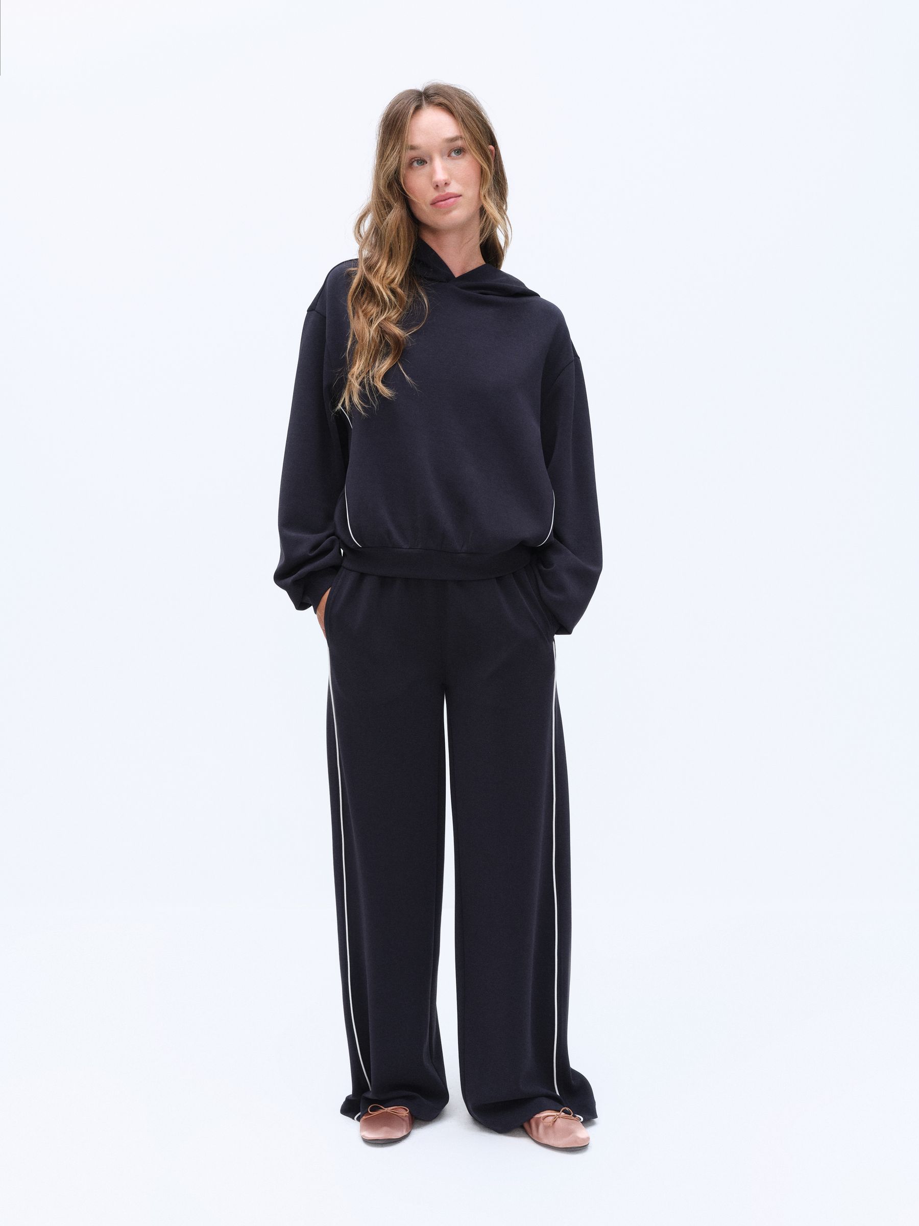 The Set Sandwashed Modal Hoodie and Wide Leg Joggers Coord Set - Dark Navy - Regular - SIP Worn