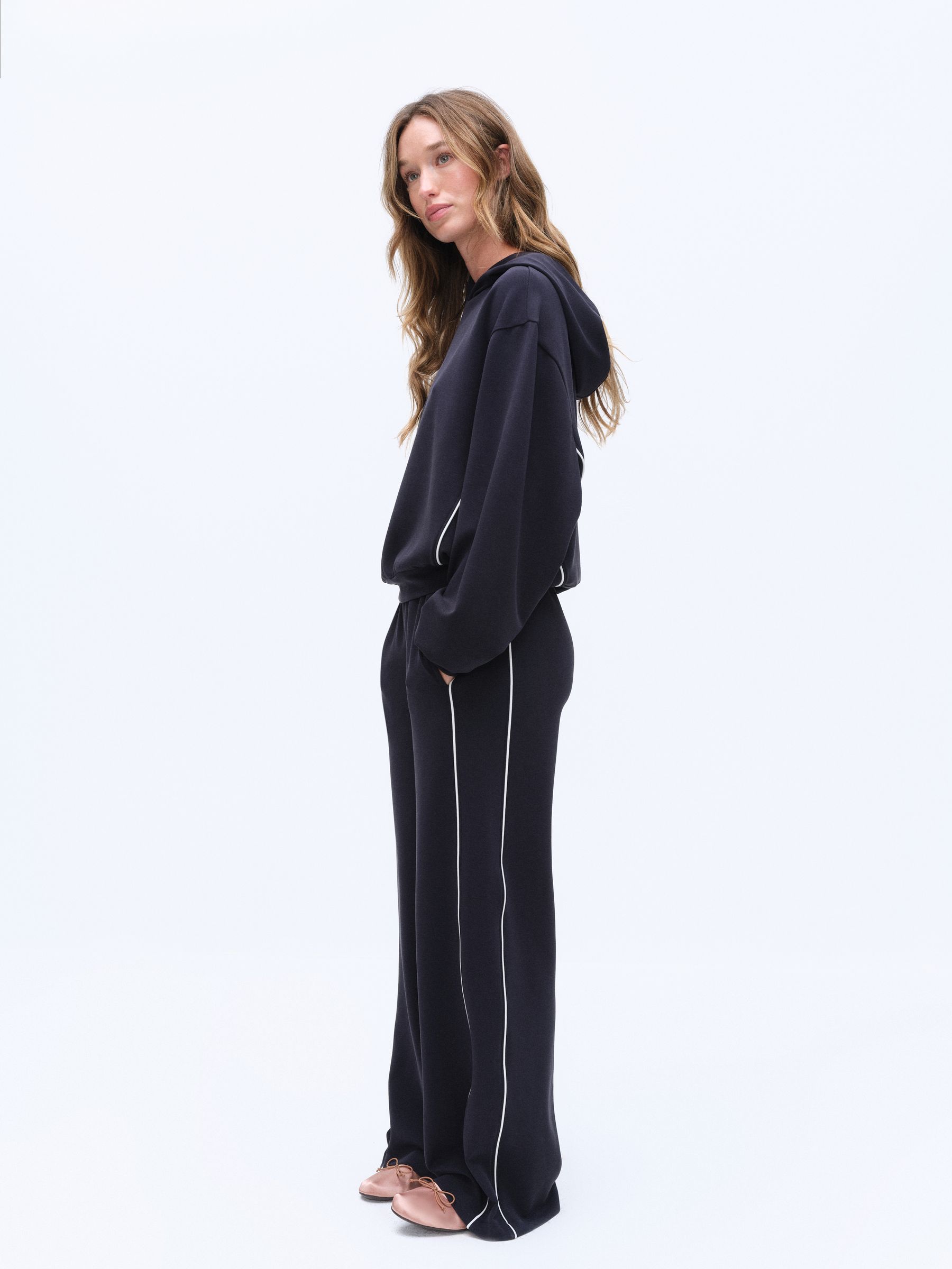 The Set Sandwashed Modal Hoodie and Wide Leg Joggers Coord Set - Dark Navy - Regular - SIP Worn