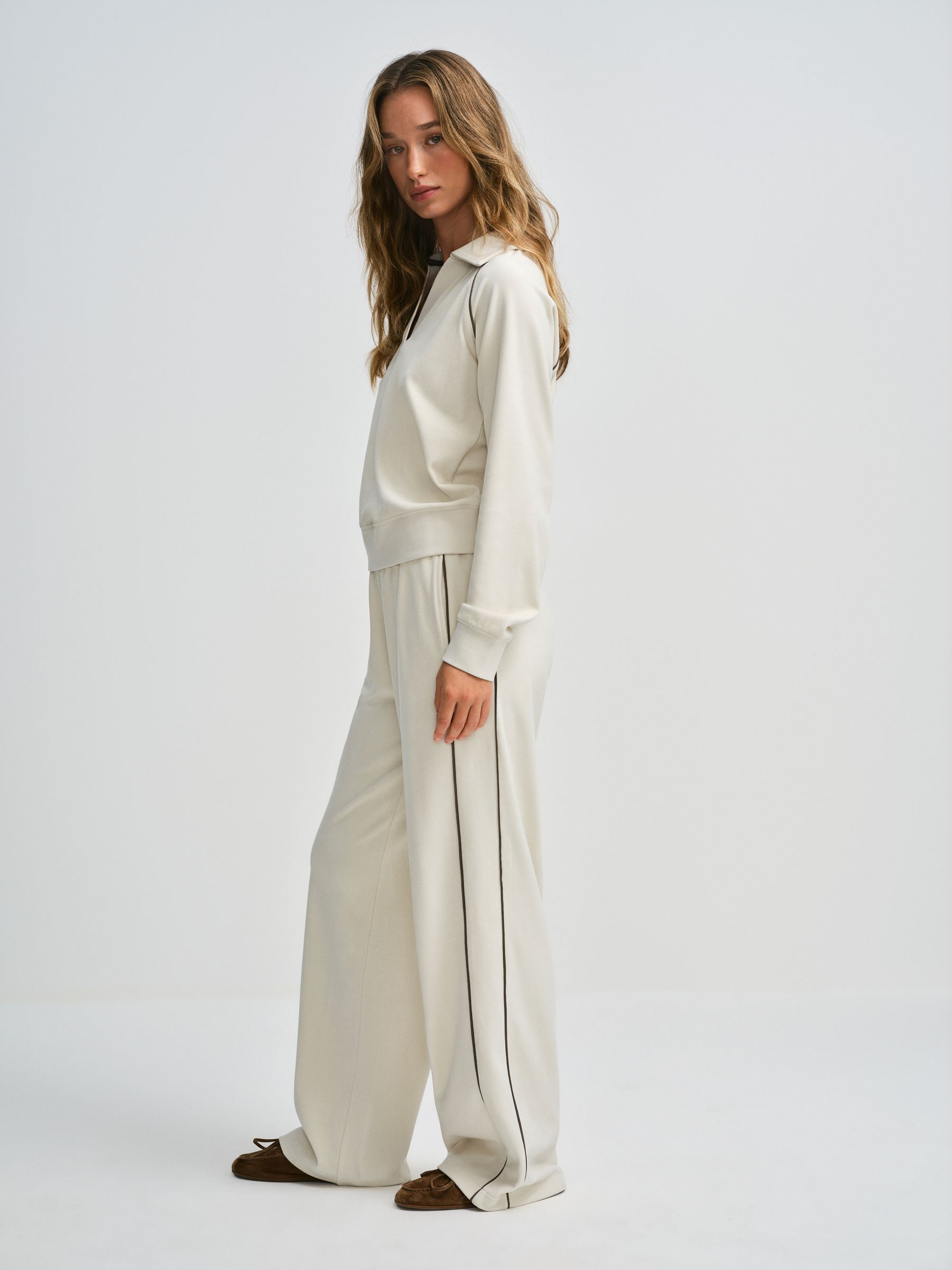 The Set Soft Touch Trophy Neck Sweat Top and Wide Leg Joggers Co-ord Set - Cream - Regular - SIP Worn