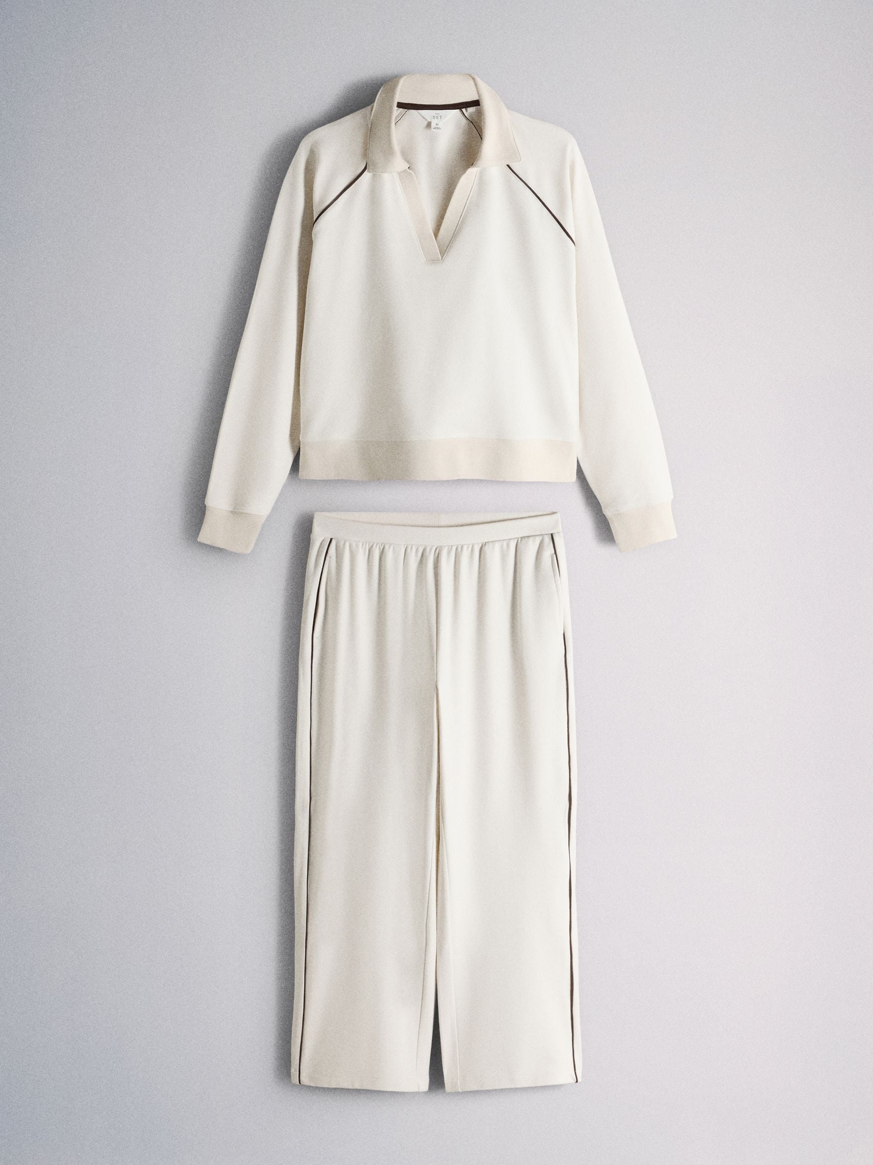 The Set Soft Touch Trophy Neck Sweat Top and Wide Leg Joggers Co-ord Set - Cream - Regular - SIP Still Life