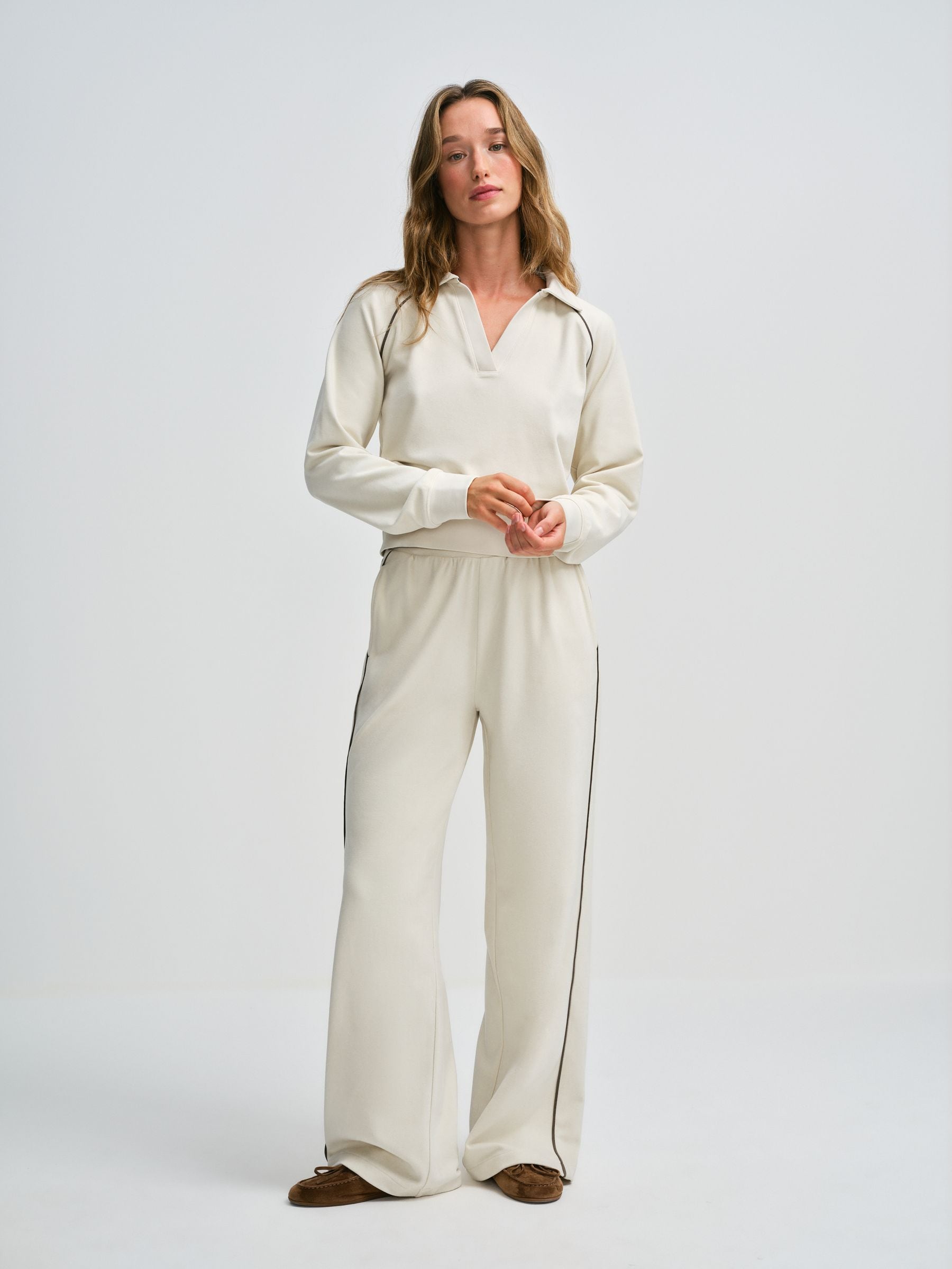 The Set Soft Touch Trophy Neck Sweat Top and Wide Leg Joggers Co-ord Set - Cream - Regular - SIP Worn