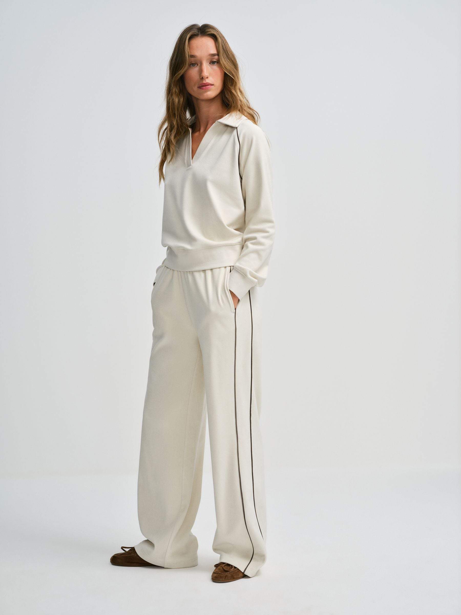 The Set Soft Touch Trophy Neck Sweat Top and Wide Leg Joggers Co-ord Set - Cream - Regular - SIP Worn