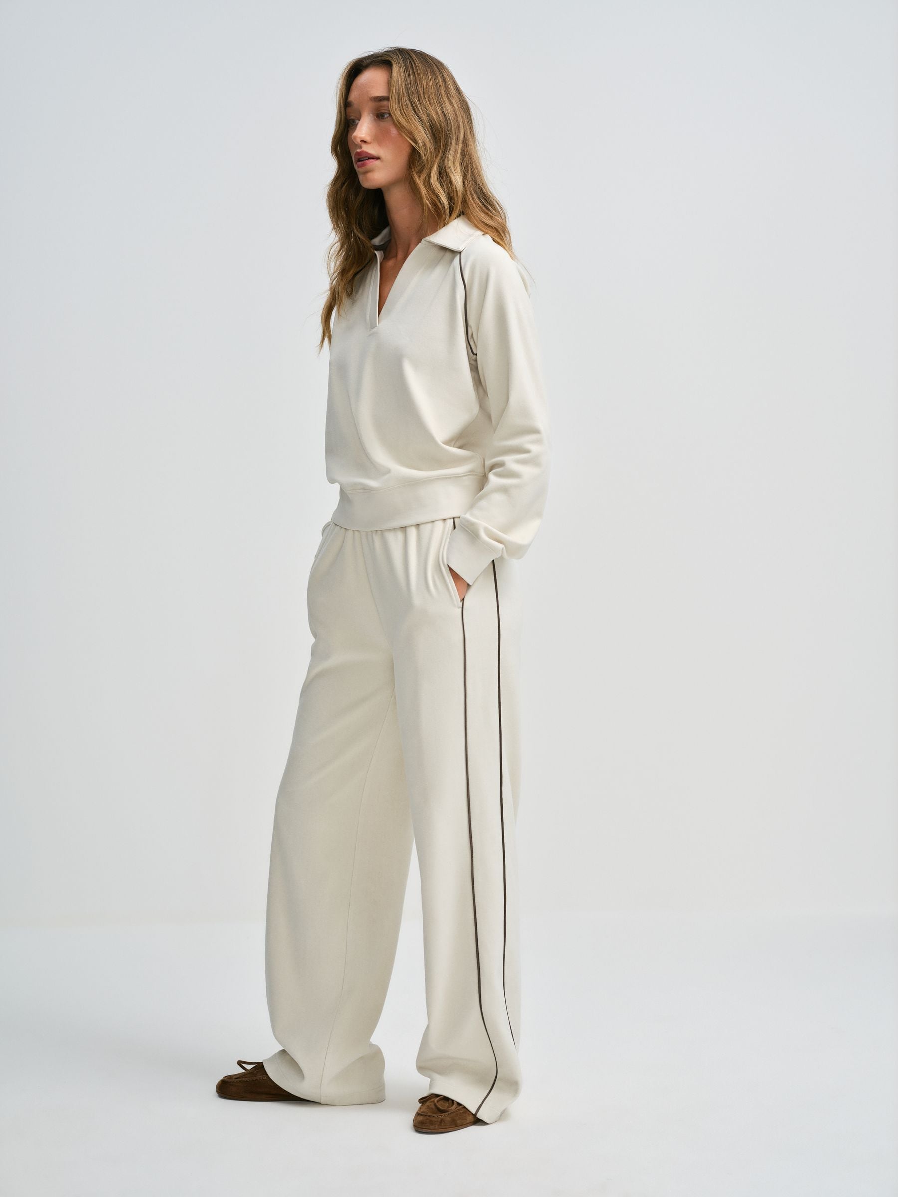 The Set Soft Touch Trophy Neck Sweat Top and Wide Leg Joggers Co-ord Set - Cream - Regular - SIP Worn