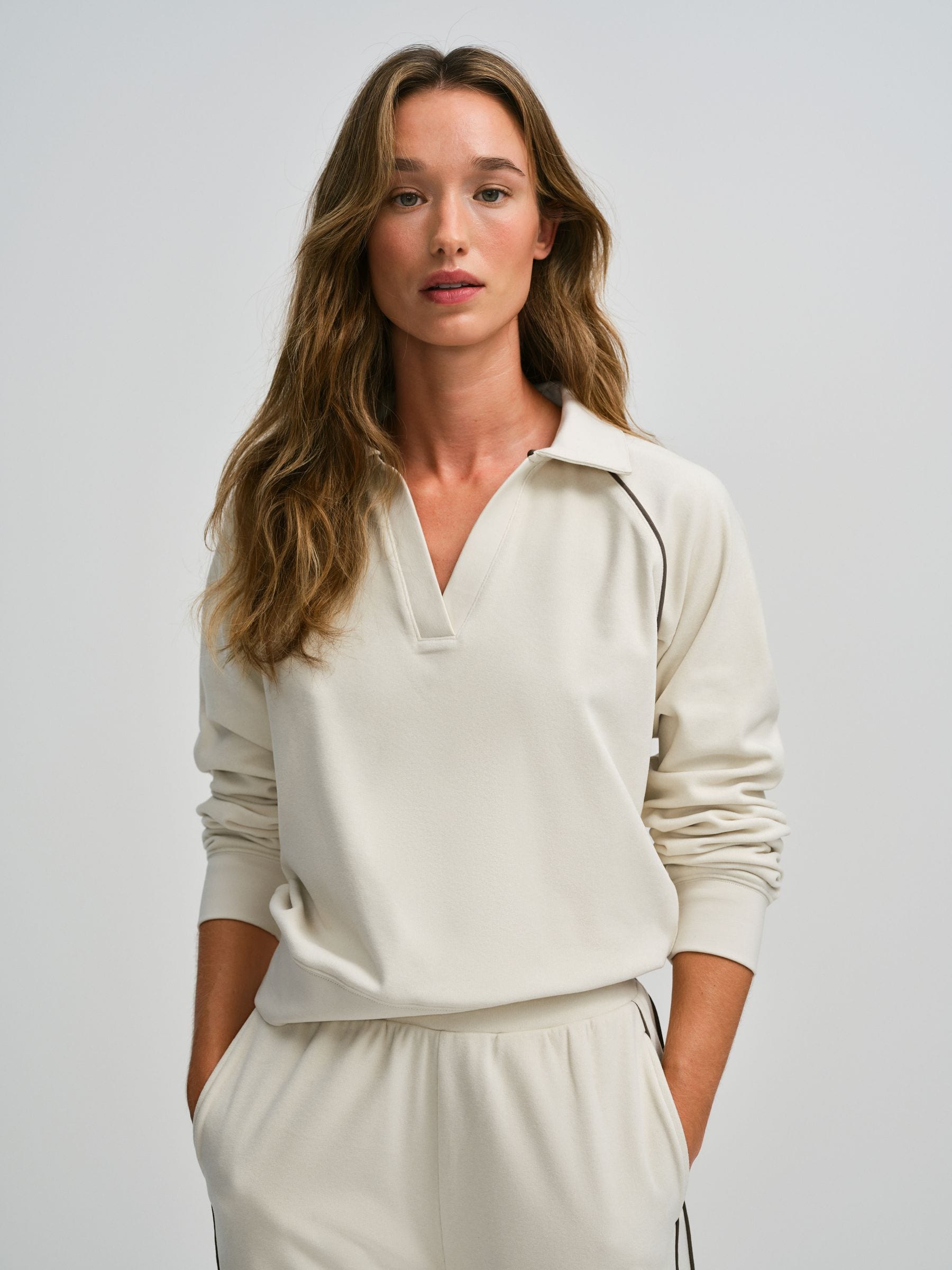 The Set Soft Touch Trophy Neck Sweat Top and Wide Leg Joggers Co-ord Set - Cream - Regular - SIP Worn