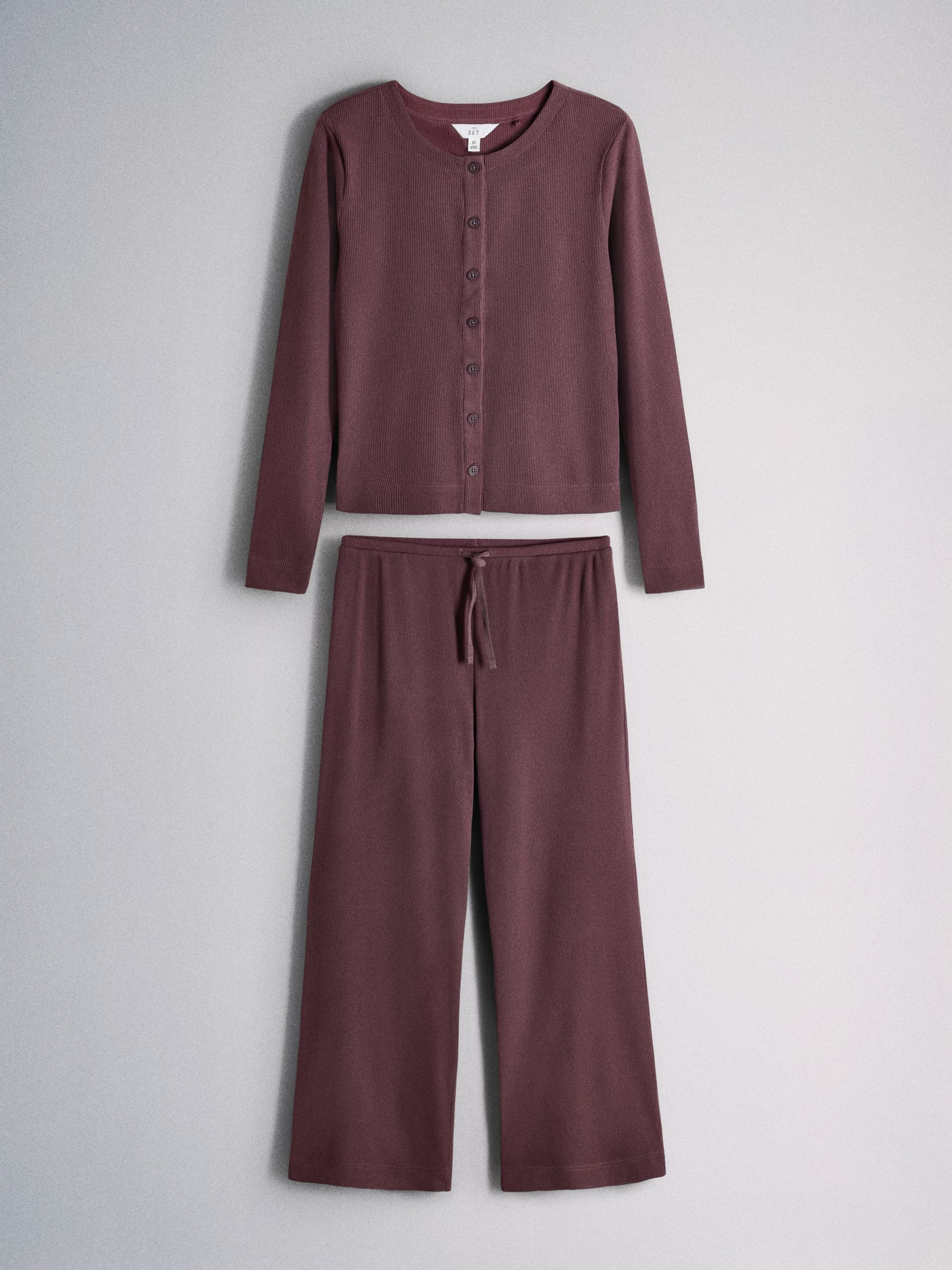 The Set Cosy Rib Button Through Top and Straight Leg Joggers Co-ord - Dusky Purple - Regular - SIP Still Life