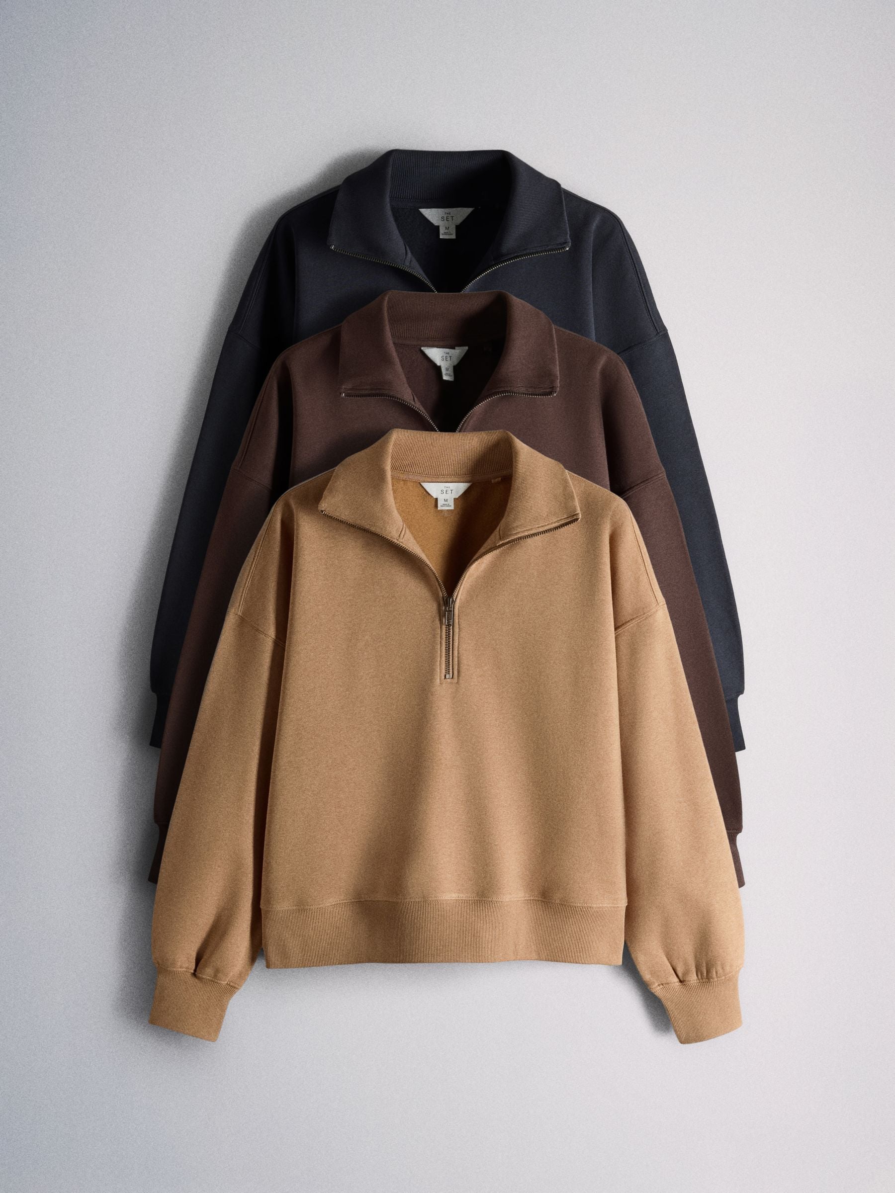 The Set 3 Pack Brushed Sweat Funnel Neck Sweaters - Tan/Navy/Brown - Regular - SIP Still Life