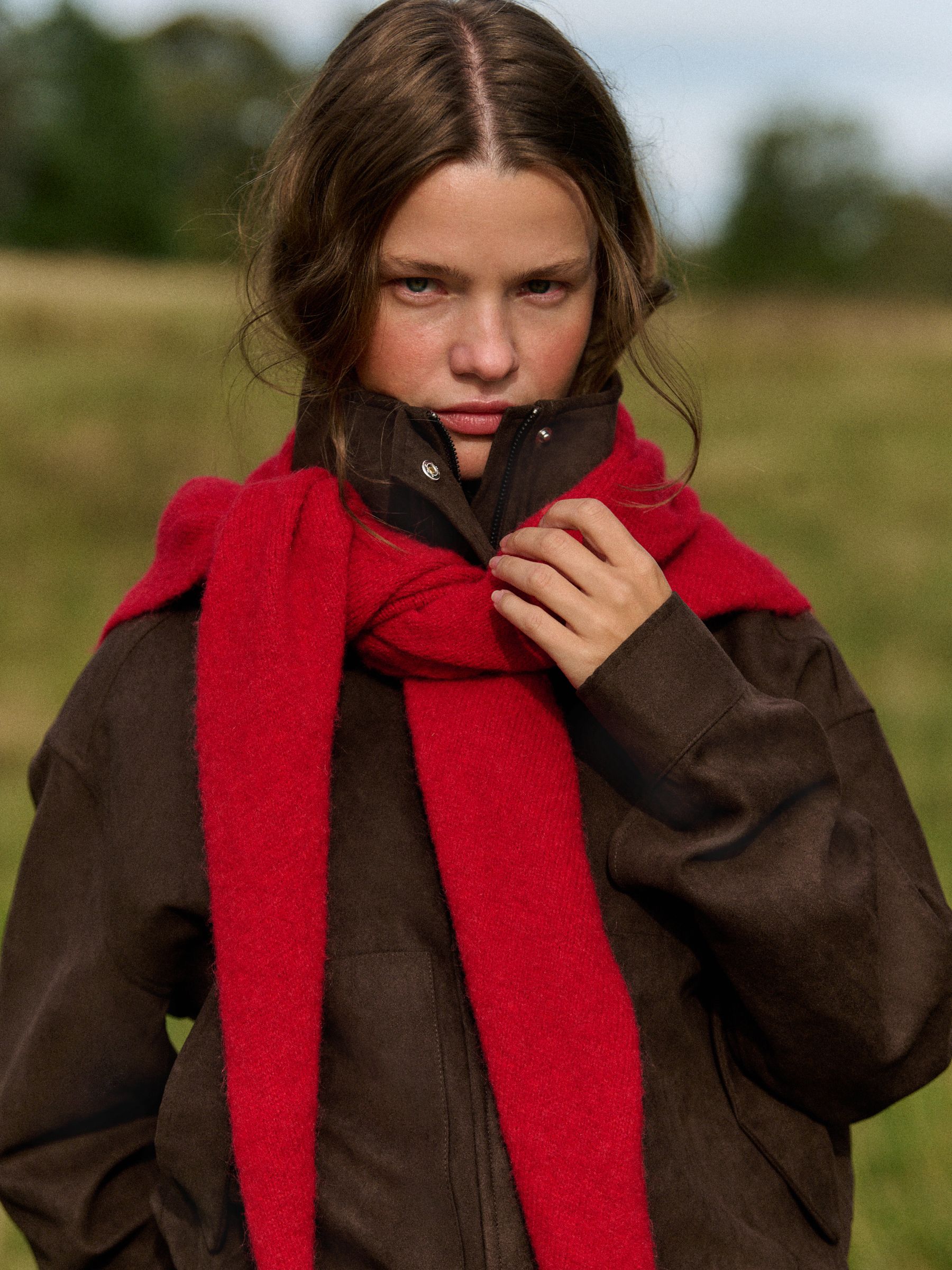 The Set Faux Suede Funnel Neck Jacket - Chocolate Brown - Regular - Location Worn