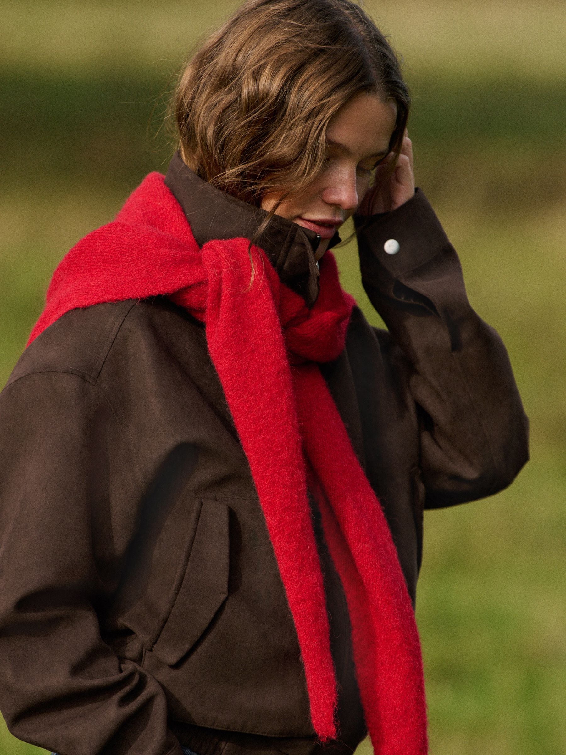 The Set Faux Suede Funnel Neck Jacket - Chocolate Brown - Regular - Location Worn