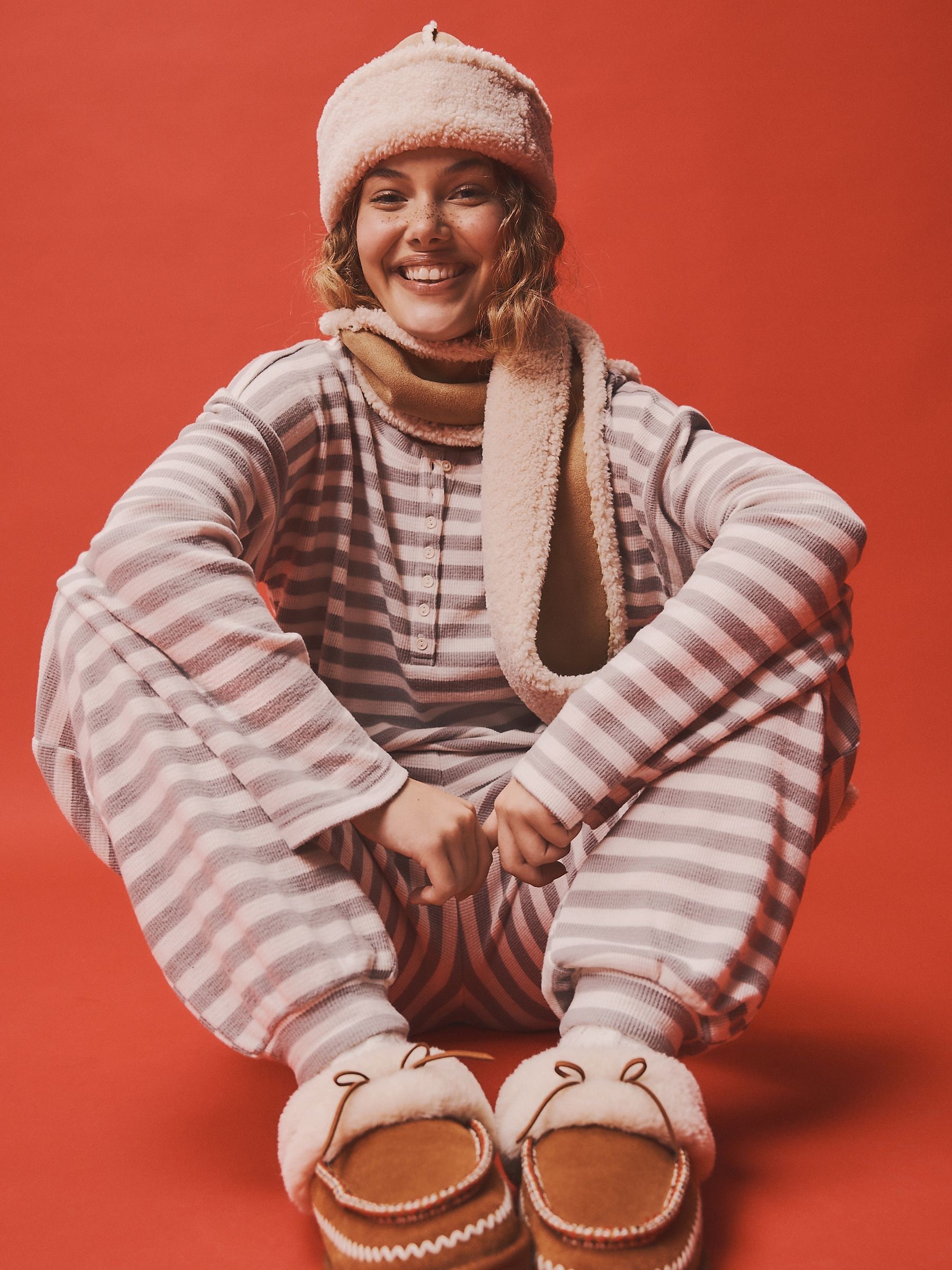 Cosy Waffle Long Sleeve Henley Pyjamas - Grey Stripe - Regular - Location Worn
