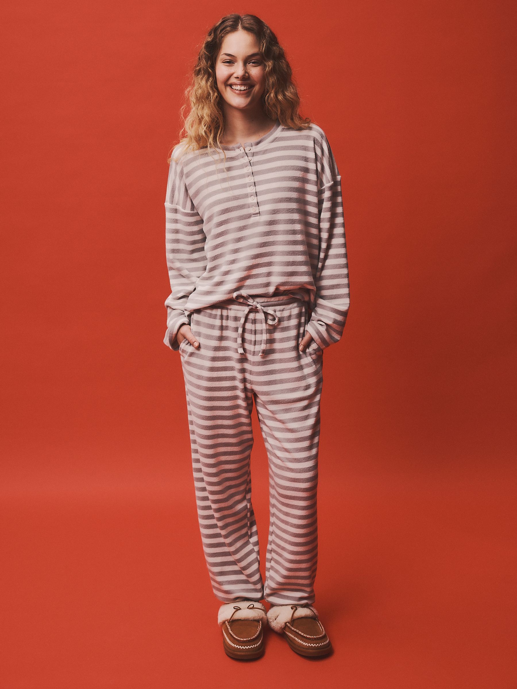 Cosy Waffle Long Sleeve Henley Pyjamas - Grey Stripe - Regular - Location Worn