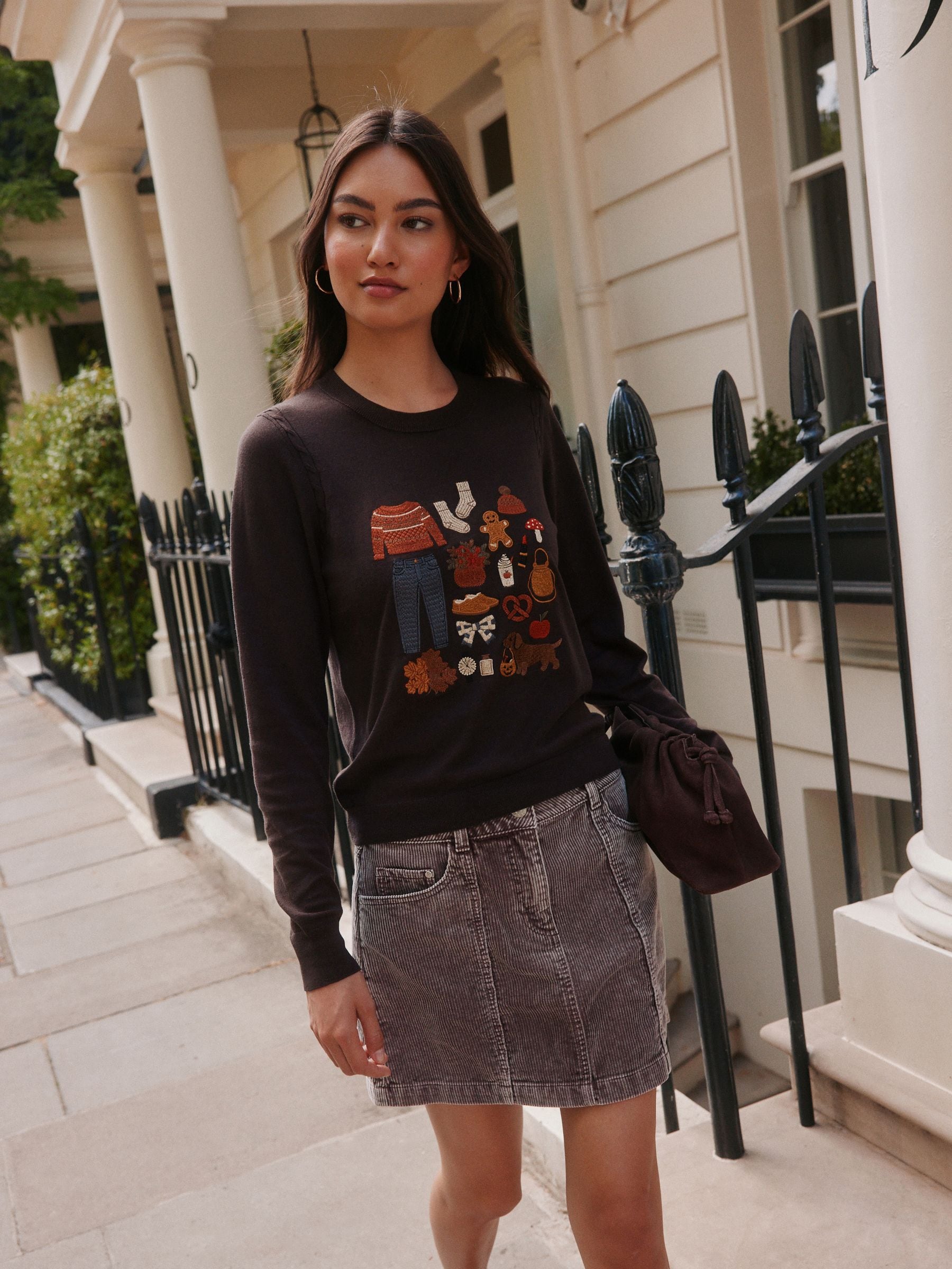 Cotton Rich Soft Touch Long Sleeve Crew Neck Jumper - Chocolate Brown Autumnal Embroidery - Regular - Location Worn