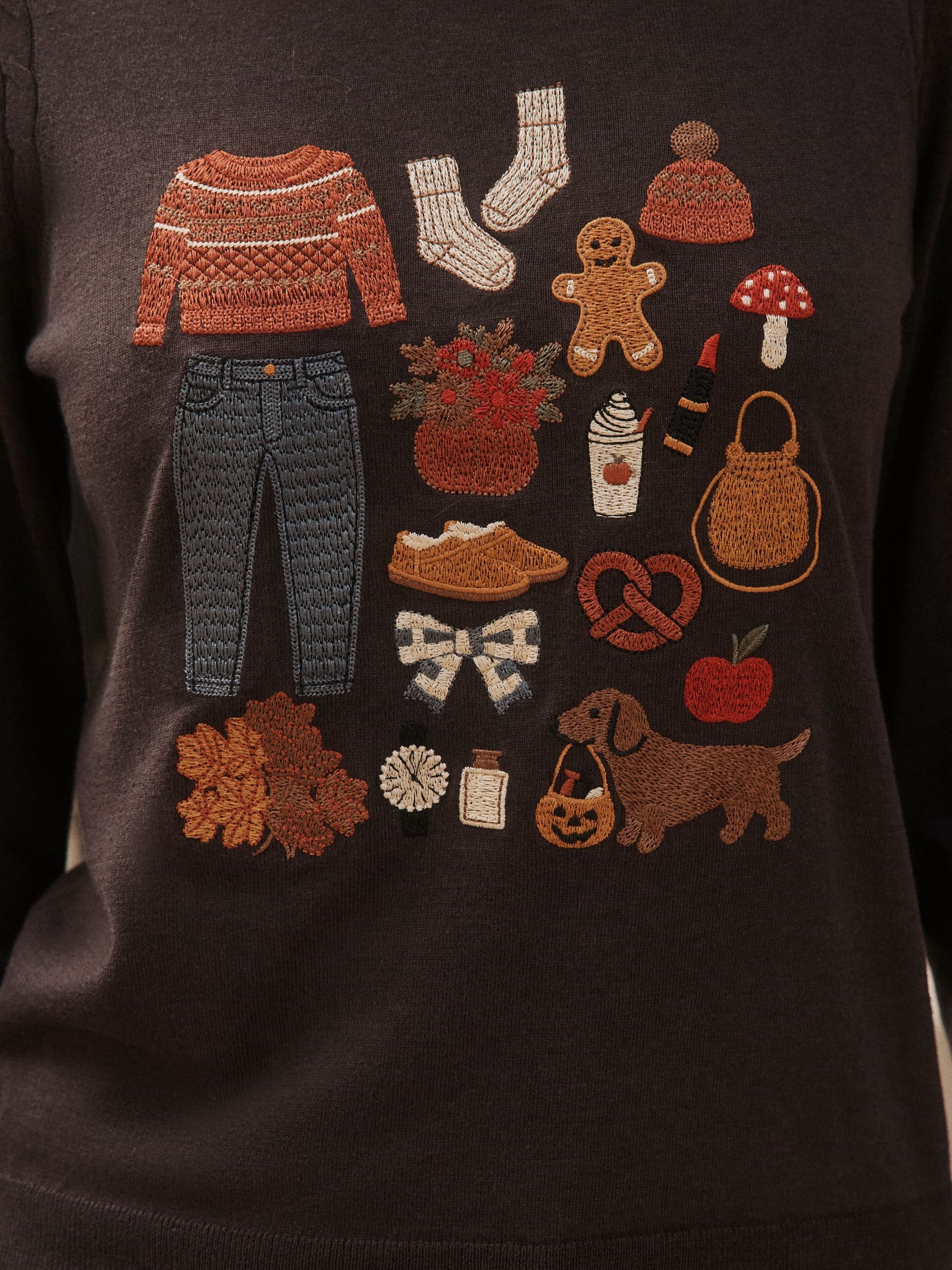 Cotton Rich Soft Touch Long Sleeve Crew Neck Jumper - Chocolate Brown Autumnal Embroidery - Regular - Location Worn