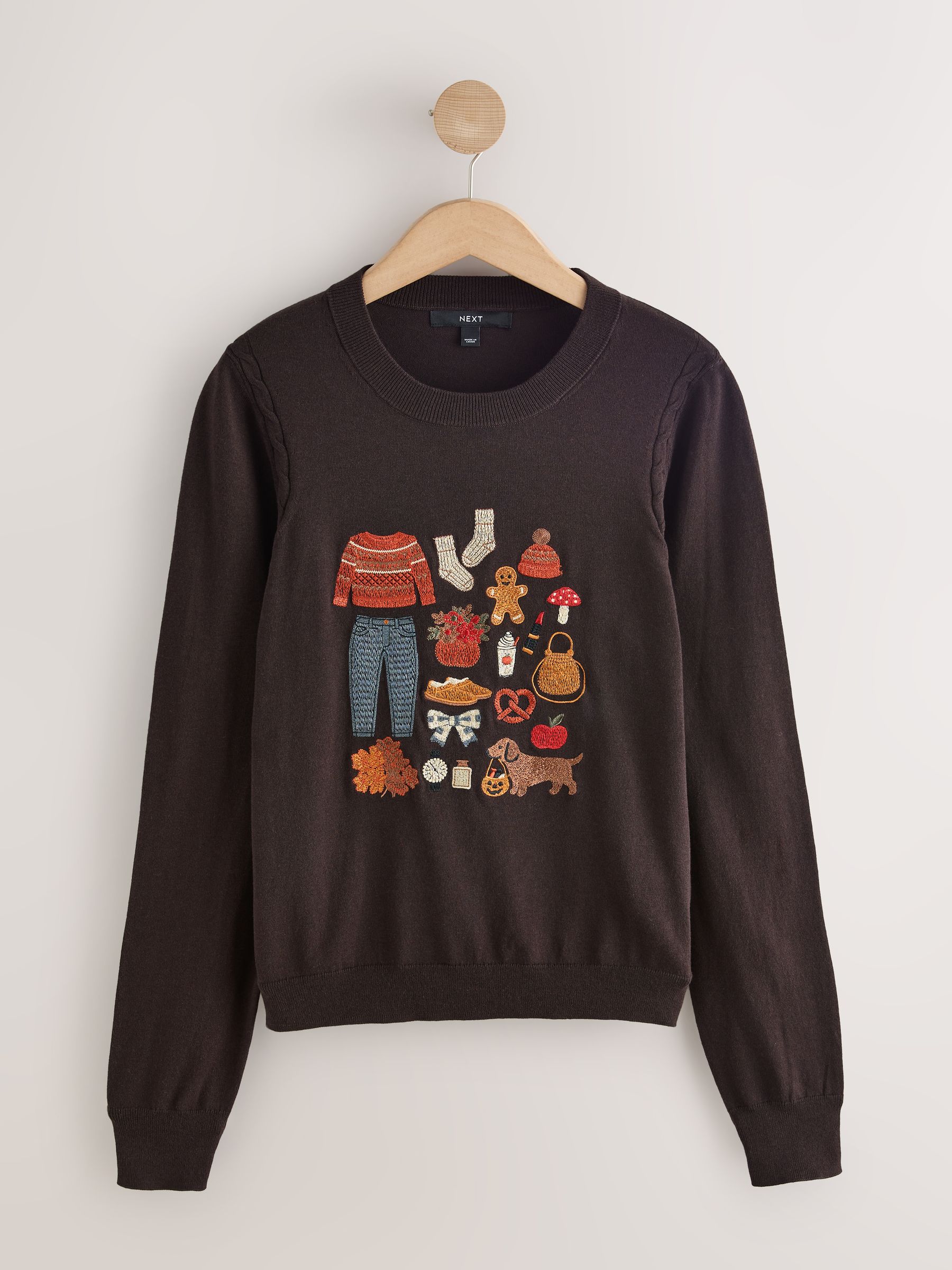 Cotton Rich Soft Touch Long Sleeve Crew Neck Jumper - Chocolate Brown Autumnal Embroidery - Regular - SIP Still Life