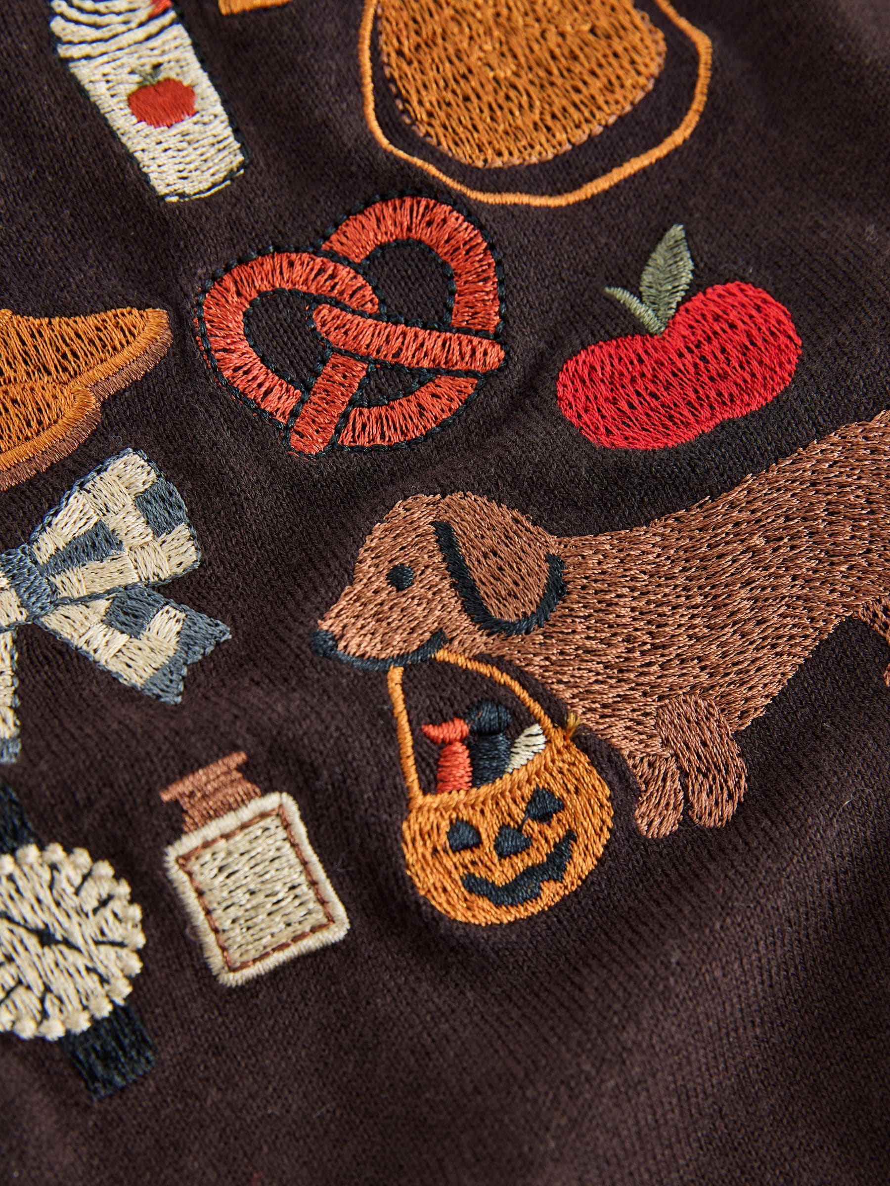 Cotton Rich Soft Touch Long Sleeve Crew Neck Jumper - Chocolate Brown Autumnal Embroidery - Regular - SIP Still Life