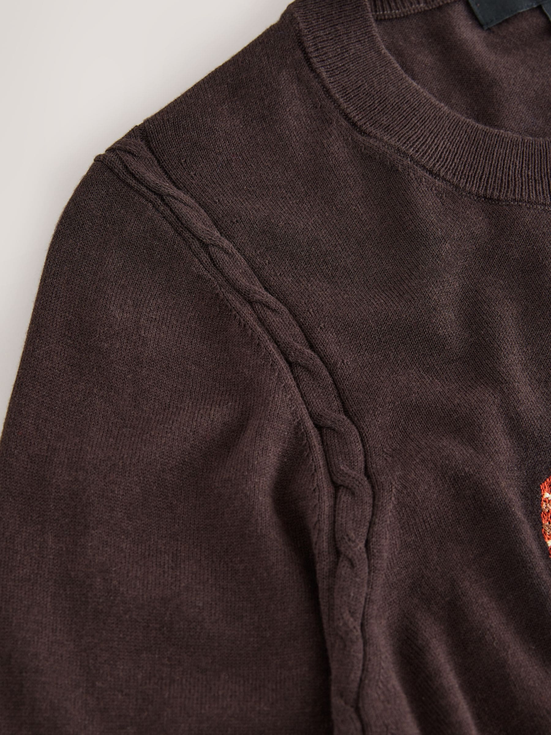 Cotton Rich Soft Touch Long Sleeve Crew Neck Jumper - Chocolate Brown Autumnal Embroidery - Regular - SIP Still Life