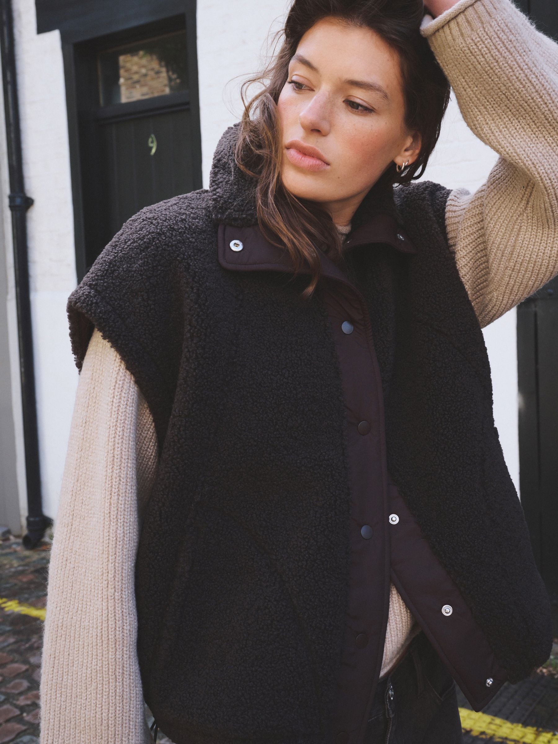 Oversized Borg Gilet Cover-Up - Chocolate Brown - Regular - Location Worn