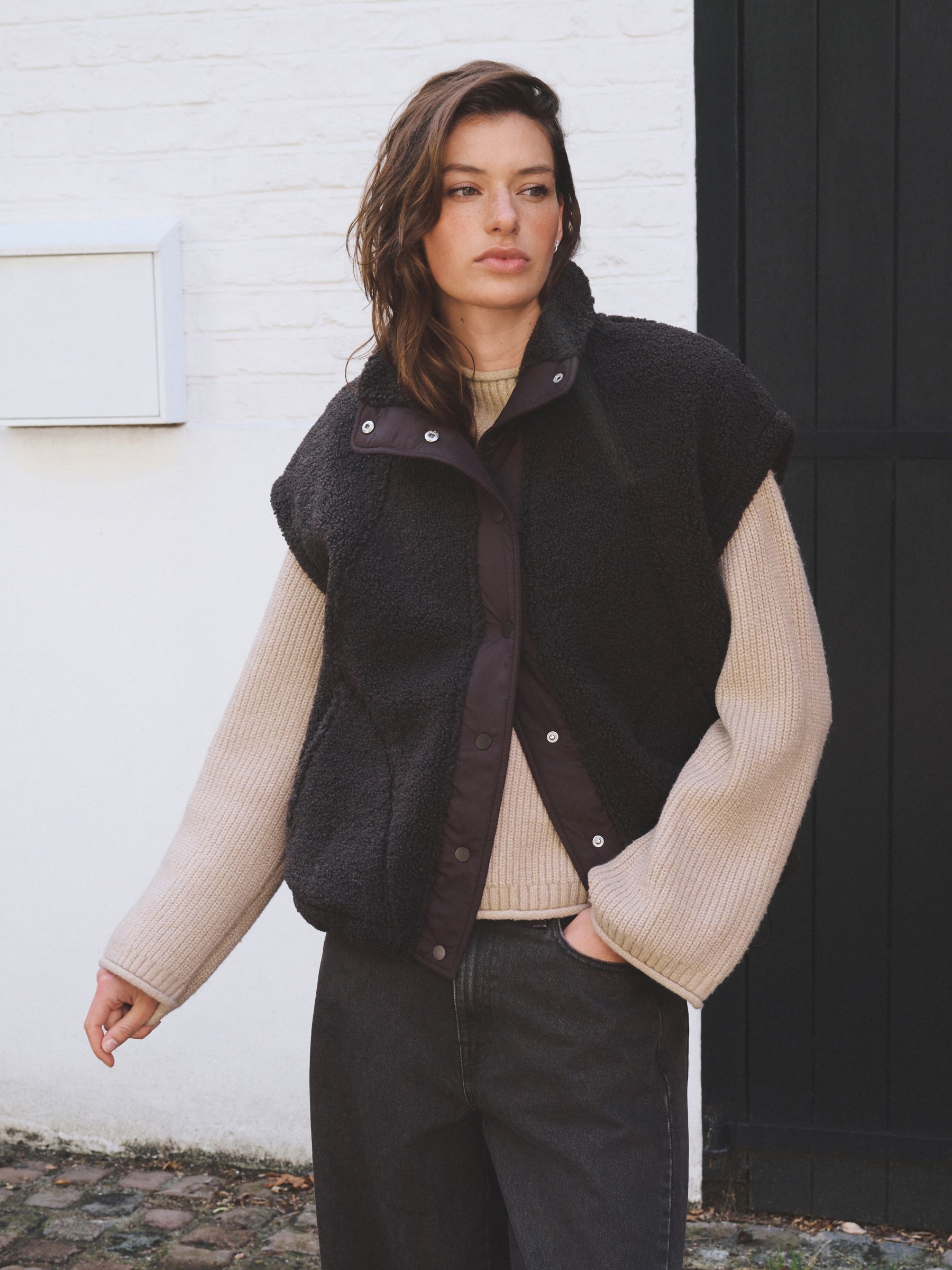 Oversized Borg Gilet Cover-Up - Chocolate Brown - Regular - Location Worn