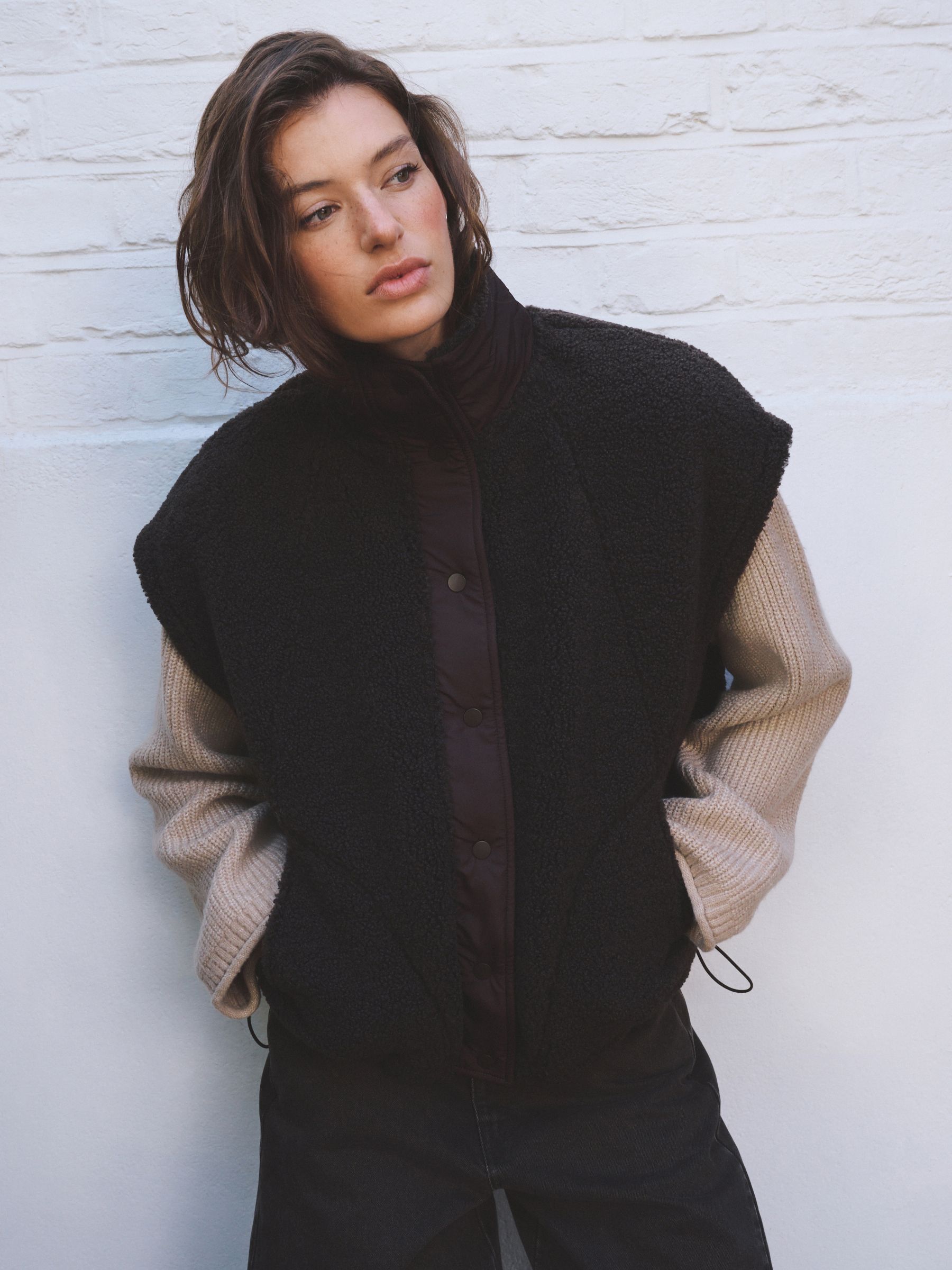 Oversized Borg Gilet Cover-Up - Chocolate Brown - Regular - Location Worn