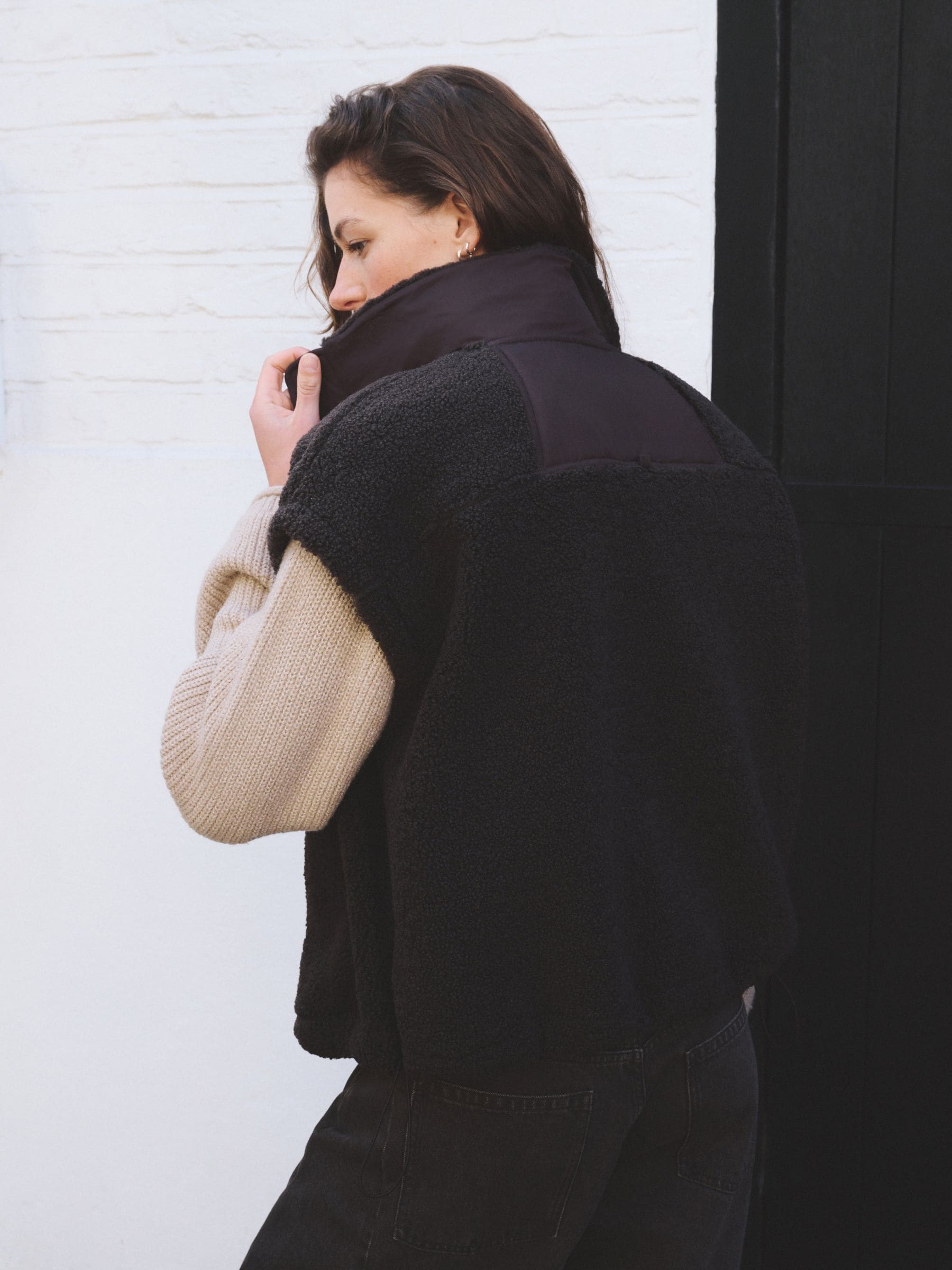 Oversized Borg Gilet Cover-Up - Chocolate Brown - Regular - Location Worn