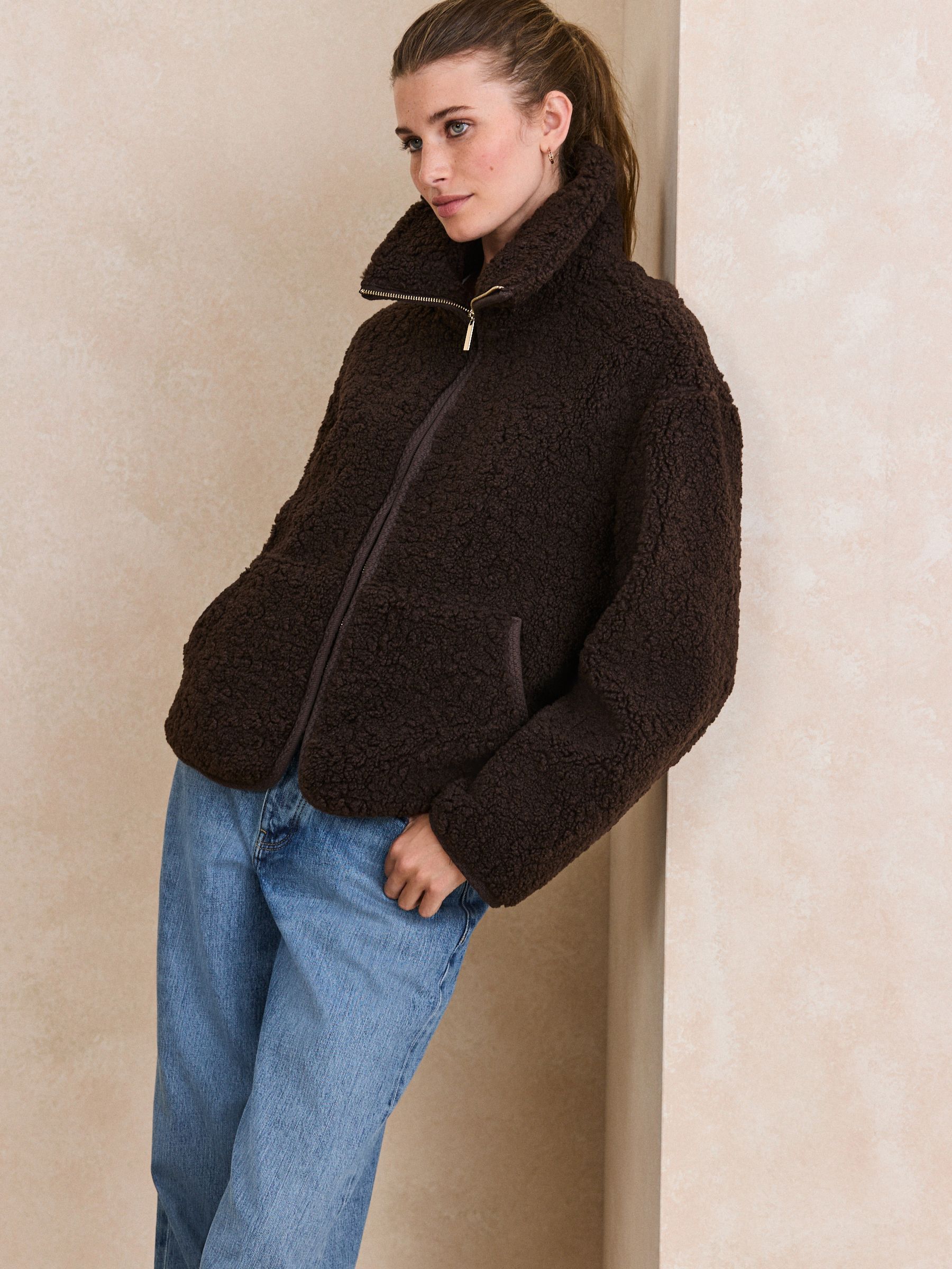 Sheepy Borg Zip Through Jacket - Chocolate Brown - Regular - Location Worn