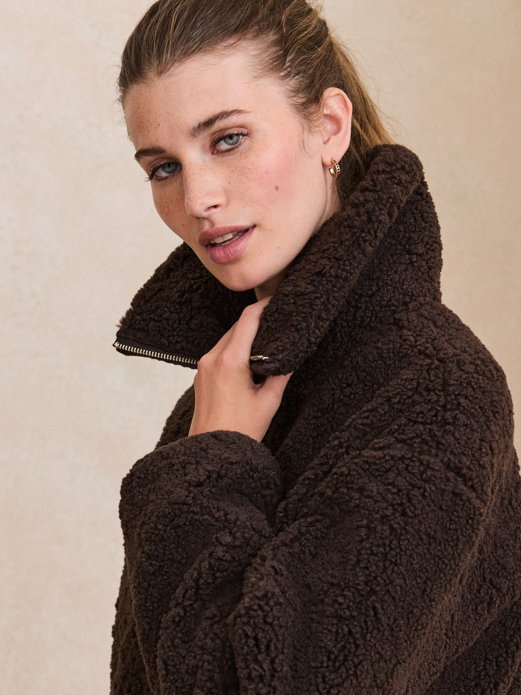 Sheepy Borg Zip Through Jacket - Chocolate Brown - Regular - Location Worn