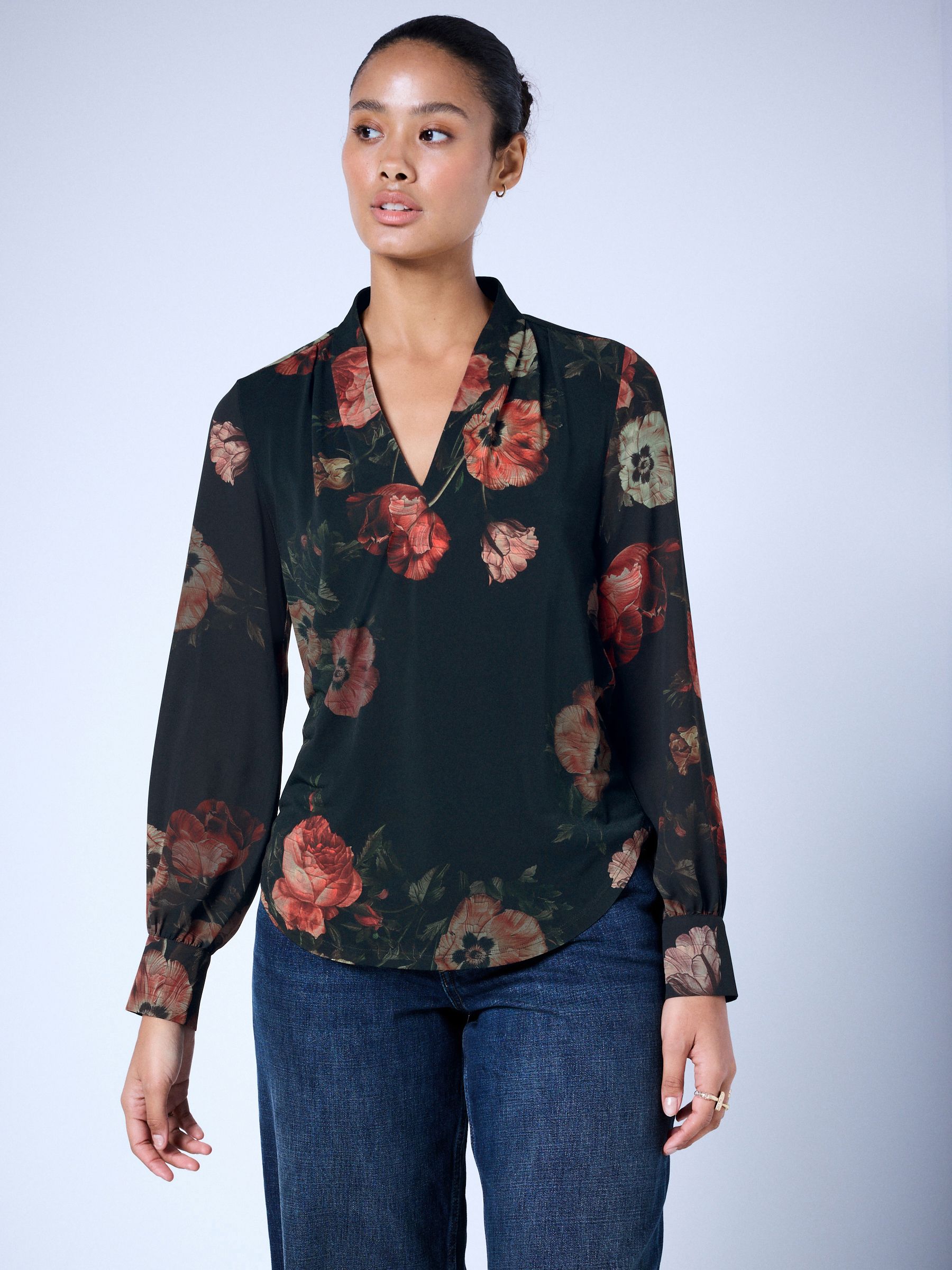Long Sleeve V-Neck Cuff Top - Black/Red Floral Print - Regular - Location Worn