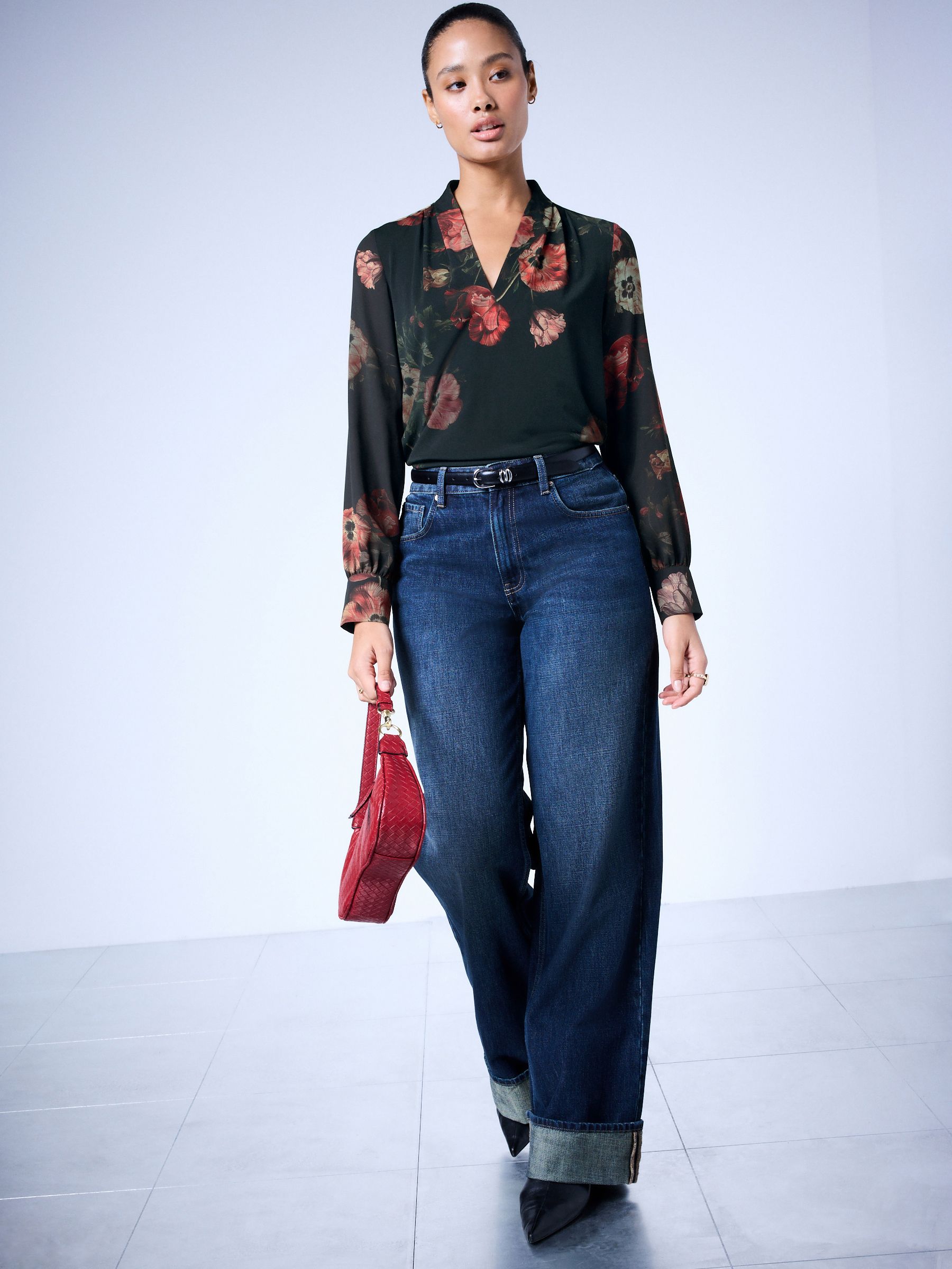 Long Sleeve V-Neck Cuff Top - Black/Red Floral Print - Regular - Location Worn