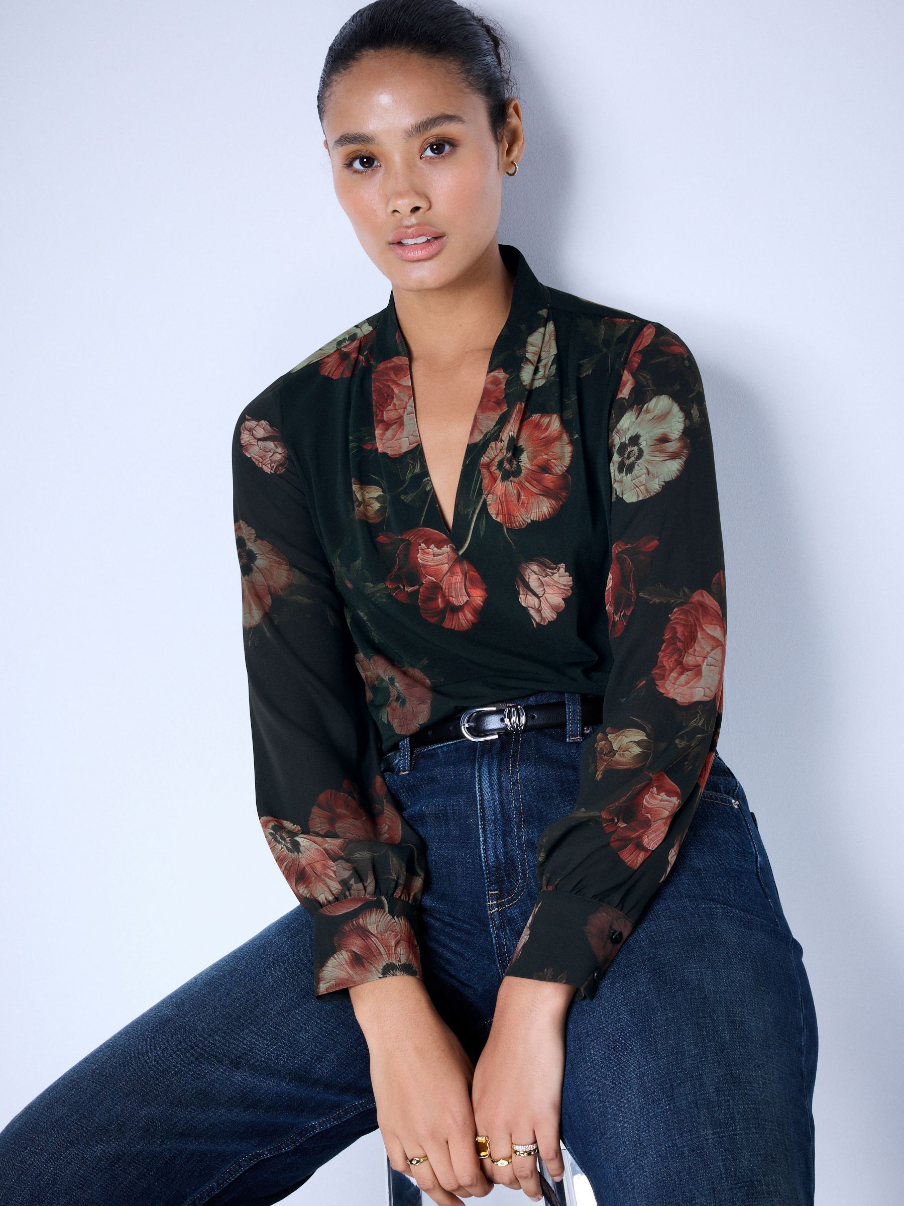 Long Sleeve V-Neck Cuff Top - Black/Red Floral Print - Regular - Location Worn