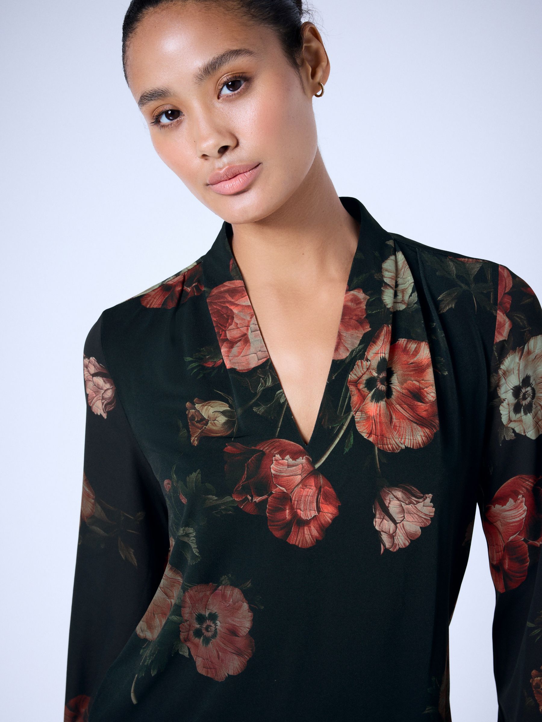 Long Sleeve V-Neck Cuff Top - Black/Red Floral Print - Regular - Location Worn