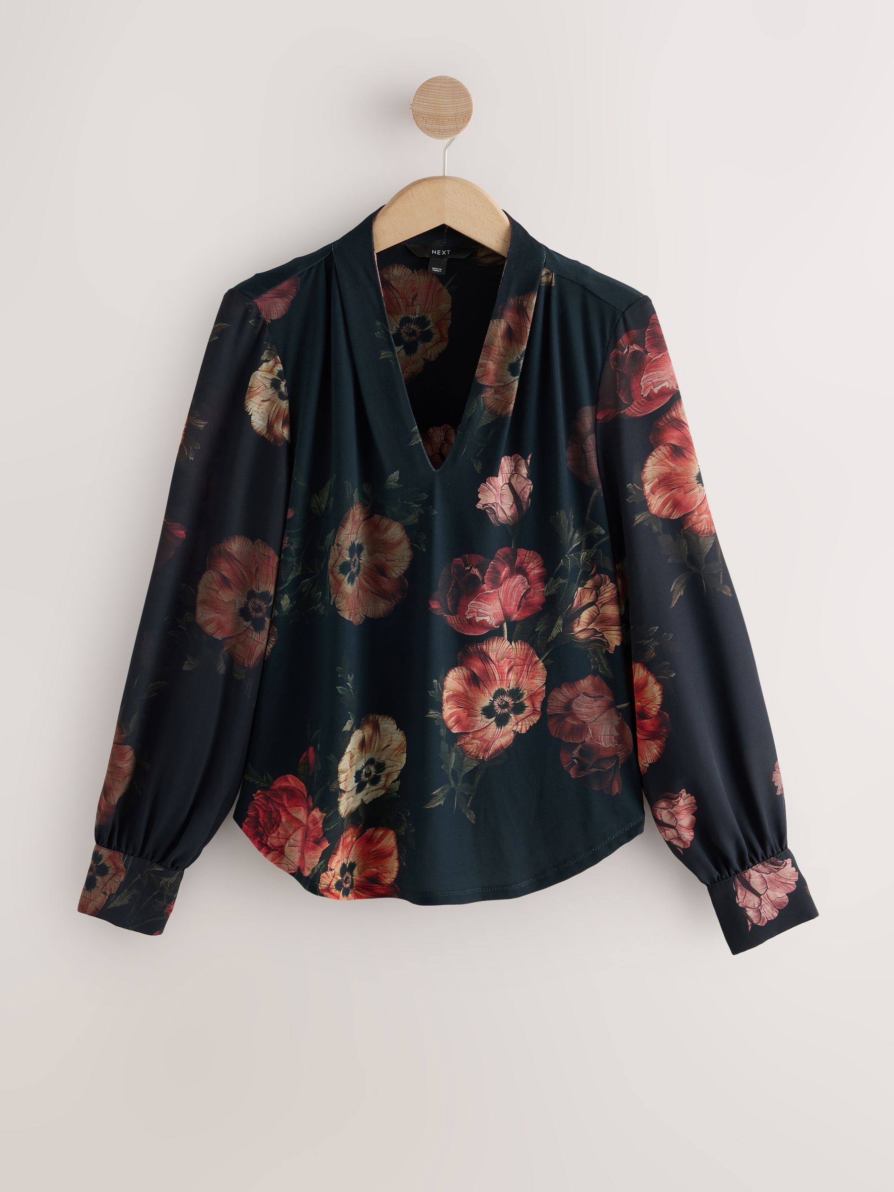 Long Sleeve V-Neck Cuff Top - Black/Red Floral Print - Regular - SIP Still Life