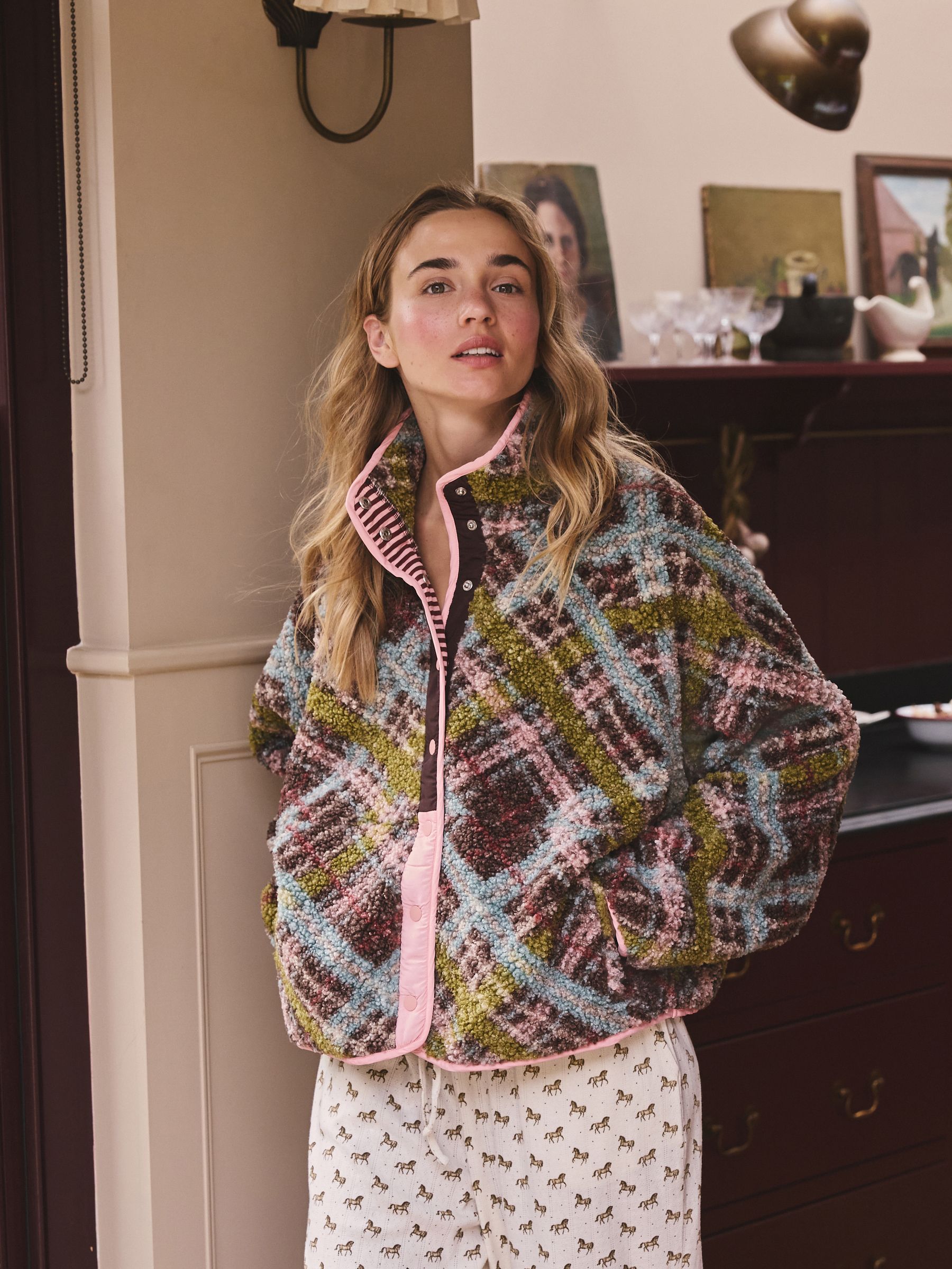 Button Through Borg Fleece - Green/Pink Tartan - Regular - Location Worn