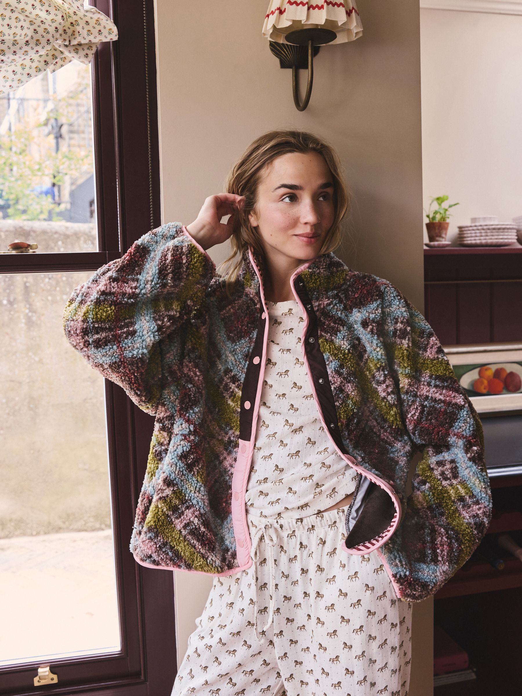 Button Through Borg Fleece - Green/Pink Tartan - Regular - Location Worn